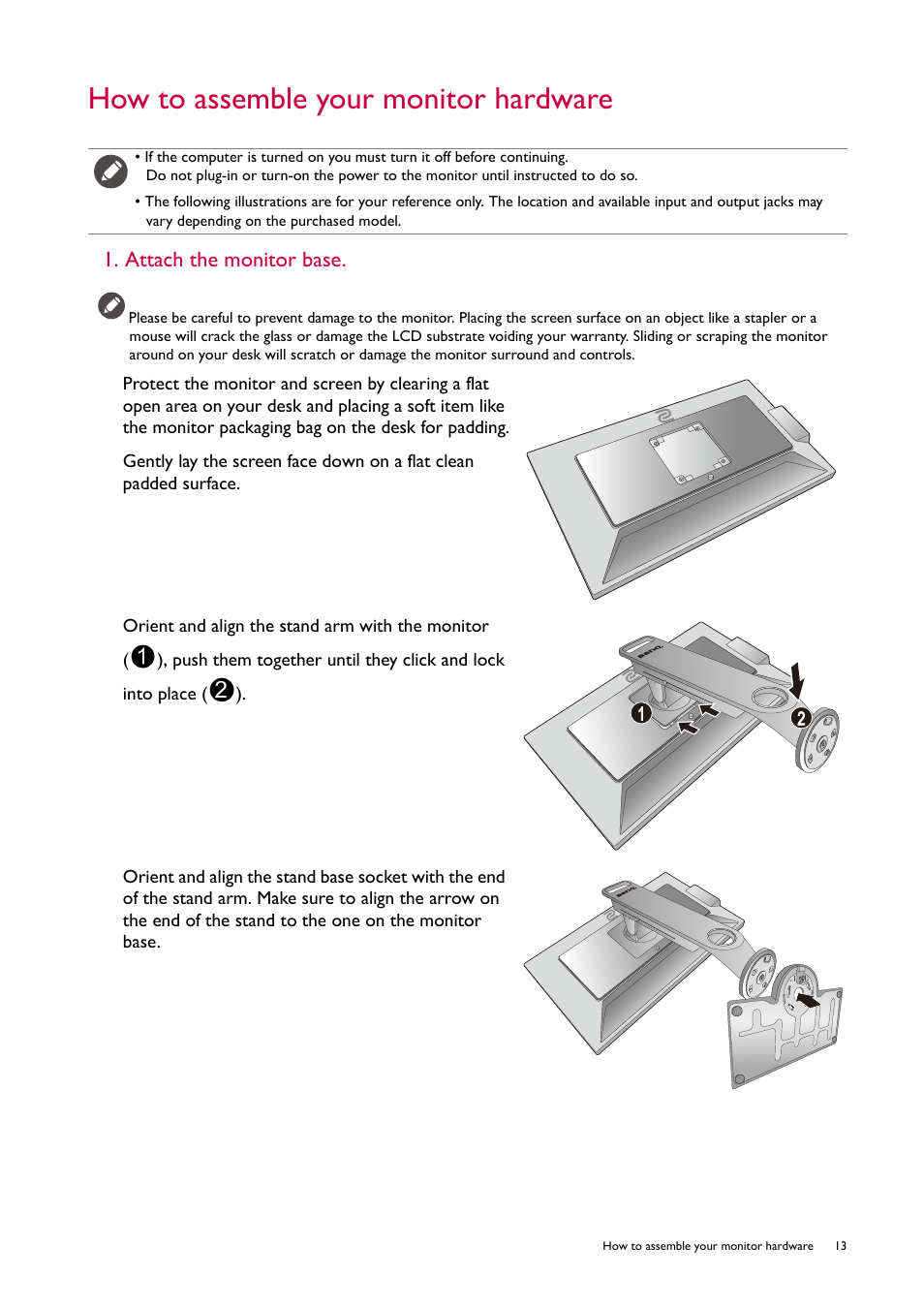 How to assemble your monitor hardware, Attach the monitor base | BenQ ZOWIE XL2746S 27" 16:9 240 Hz TN Gaming Monitor User Manual | Page 13 / 58