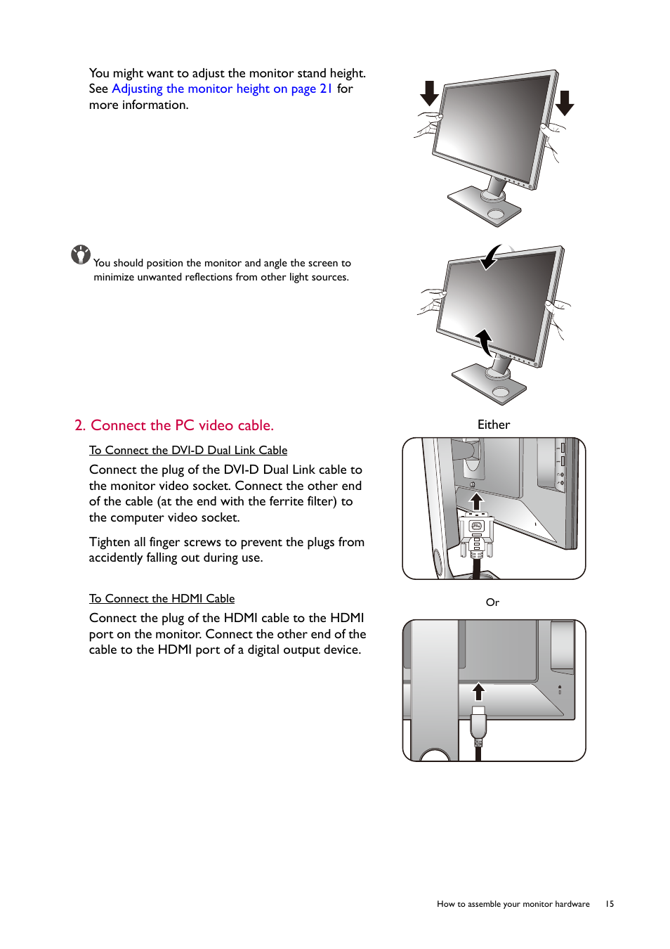 Connect the pc video cable | BenQ ZOWIE XL2746S 27" 16:9 240 Hz TN Gaming Monitor User Manual | Page 15 / 58
