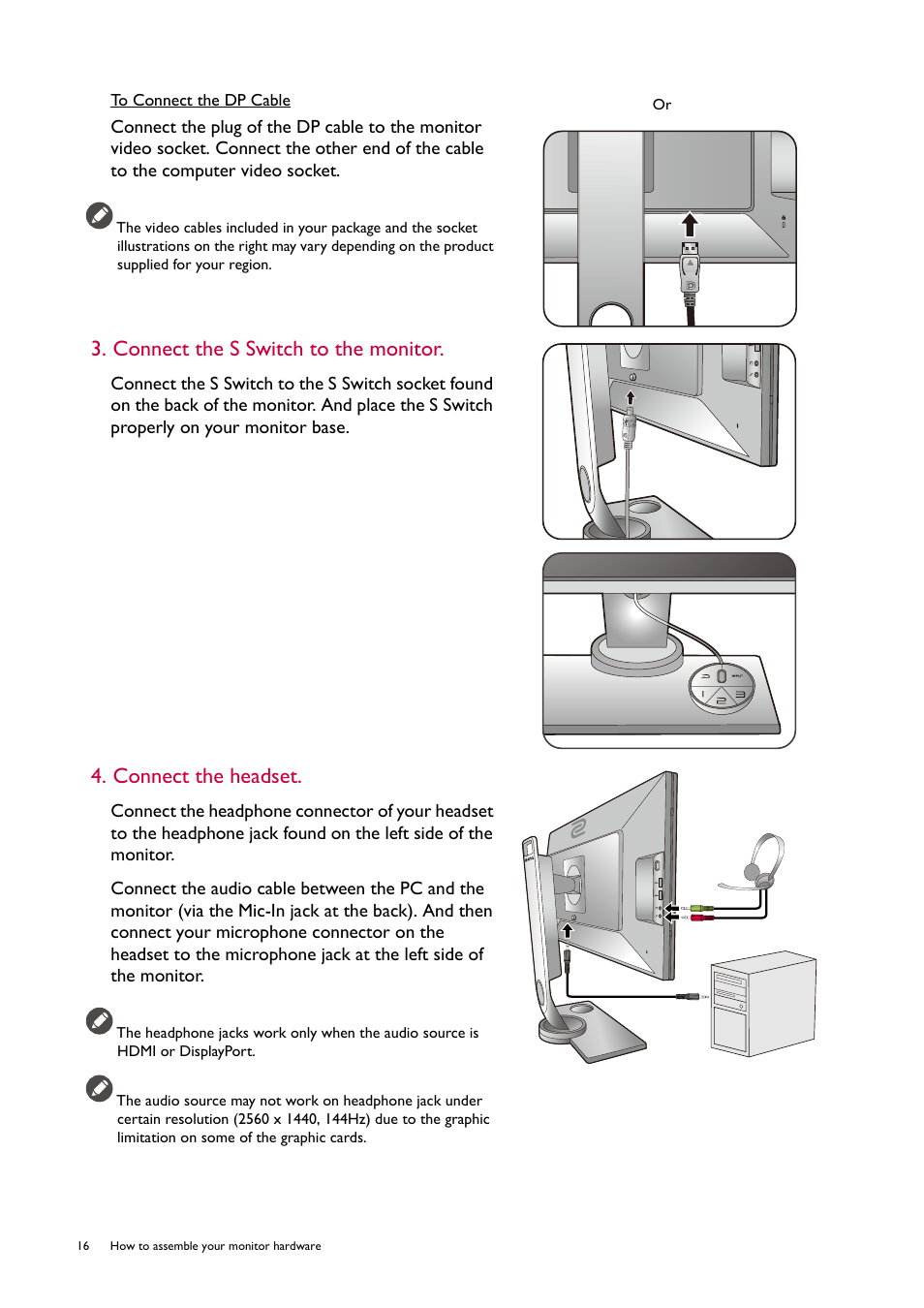 Connect the s switch to the monitor, Connect the headset | BenQ ZOWIE XL2746S 27" 16:9 240 Hz TN Gaming Monitor User Manual | Page 16 / 58