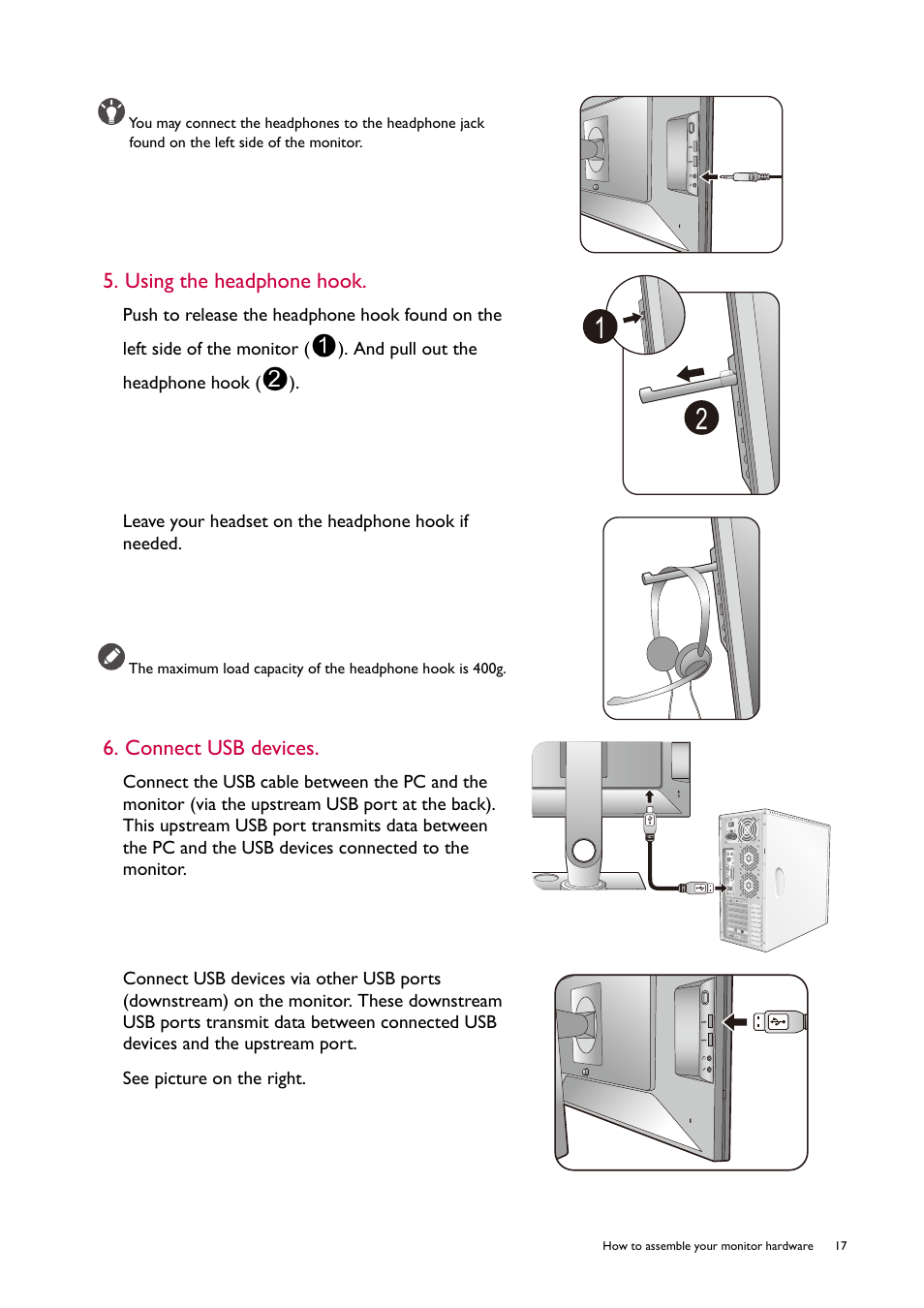Using the headphone hook, Connect usb devices | BenQ ZOWIE XL2746S 27" 16:9 240 Hz TN Gaming Monitor User Manual | Page 17 / 58