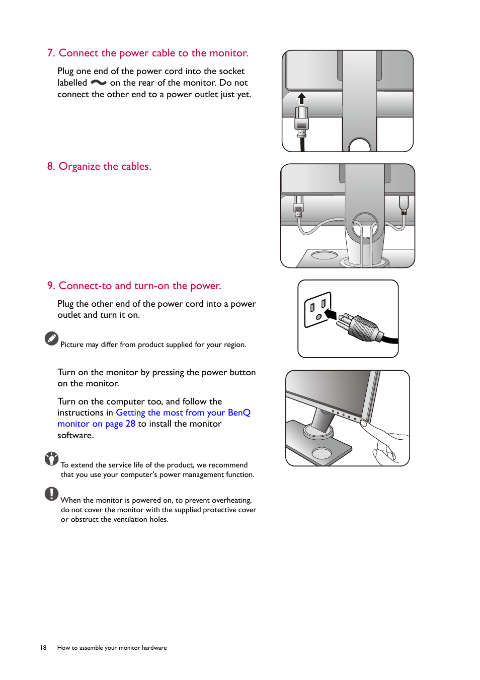 Connect the power cable to the monitor | BenQ ZOWIE XL2746S 27" 16:9 240 Hz TN Gaming Monitor User Manual | Page 18 / 58