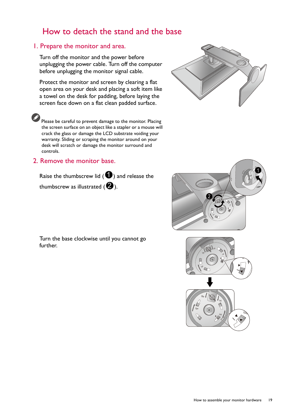 How to detach the stand and the base, Prepare the monitor and area, Remove the monitor base | Lock | BenQ ZOWIE XL2746S 27" 16:9 240 Hz TN Gaming Monitor User Manual | Page 19 / 58