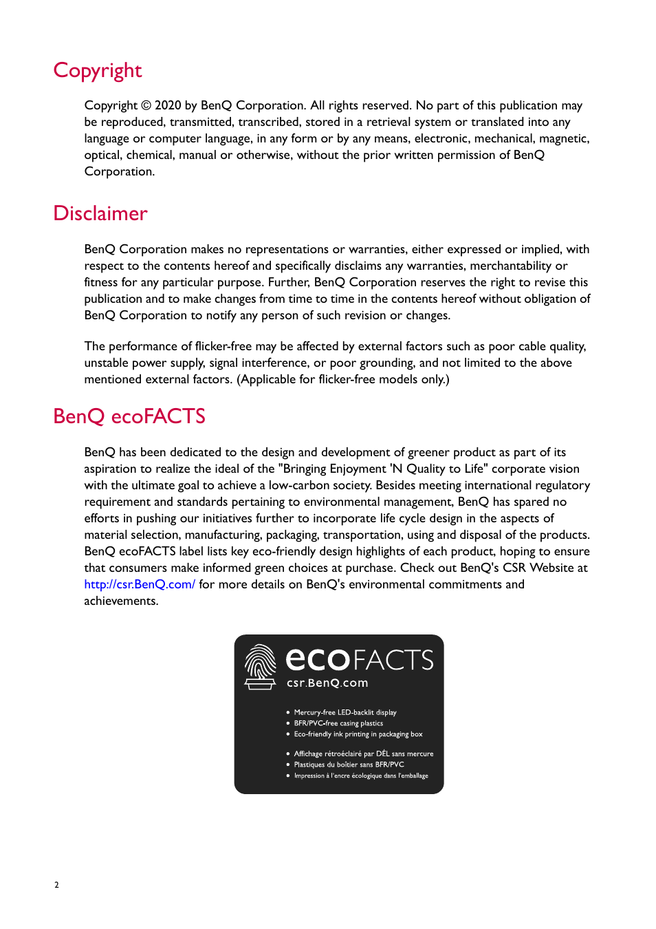 Copyright, Disclaimer, Benq ecofacts | BenQ ZOWIE XL2746S 27" 16:9 240 Hz TN Gaming Monitor User Manual | Page 2 / 58