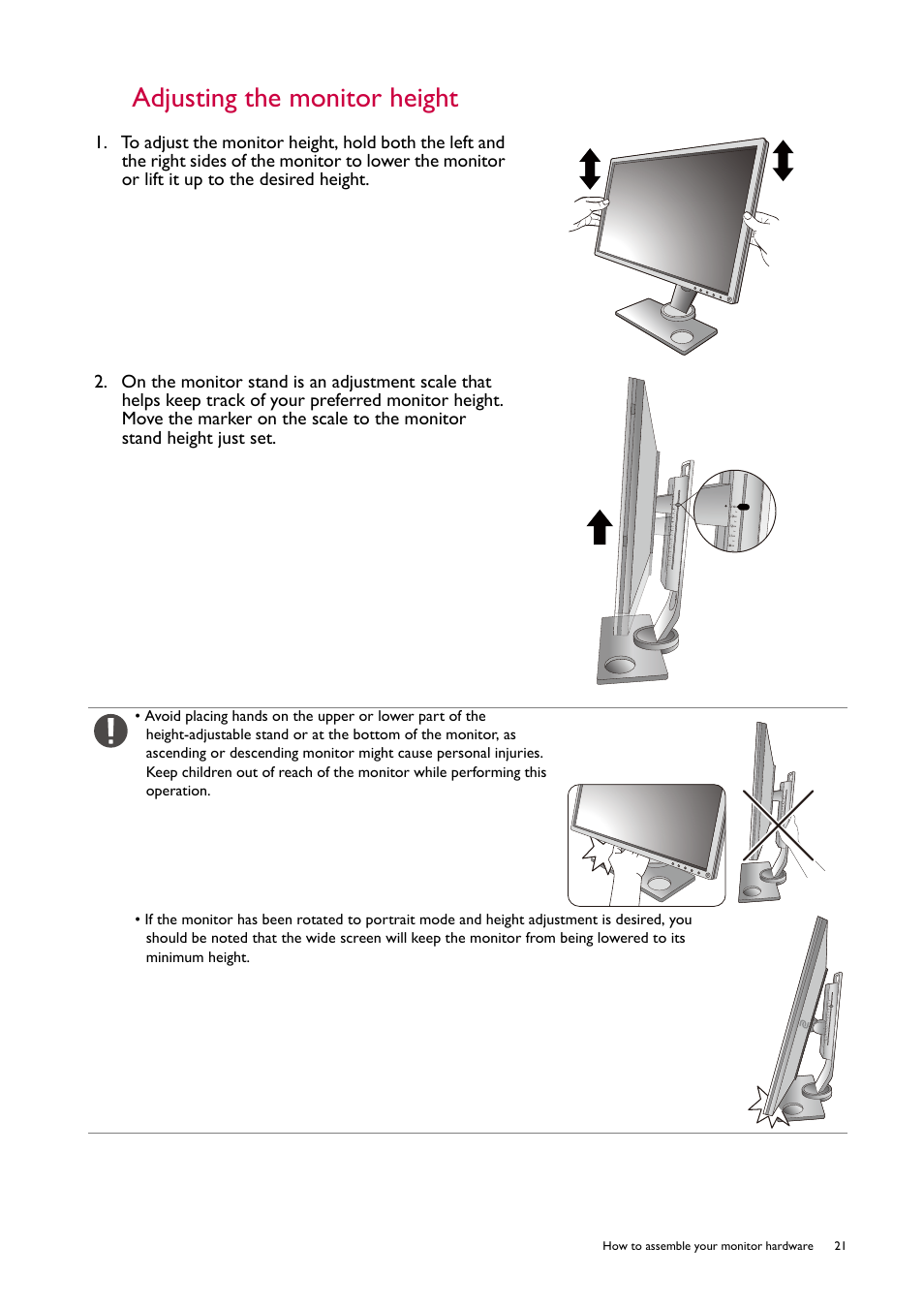 Adjusting the monitor height | BenQ ZOWIE XL2746S 27" 16:9 240 Hz TN Gaming Monitor User Manual | Page 21 / 58