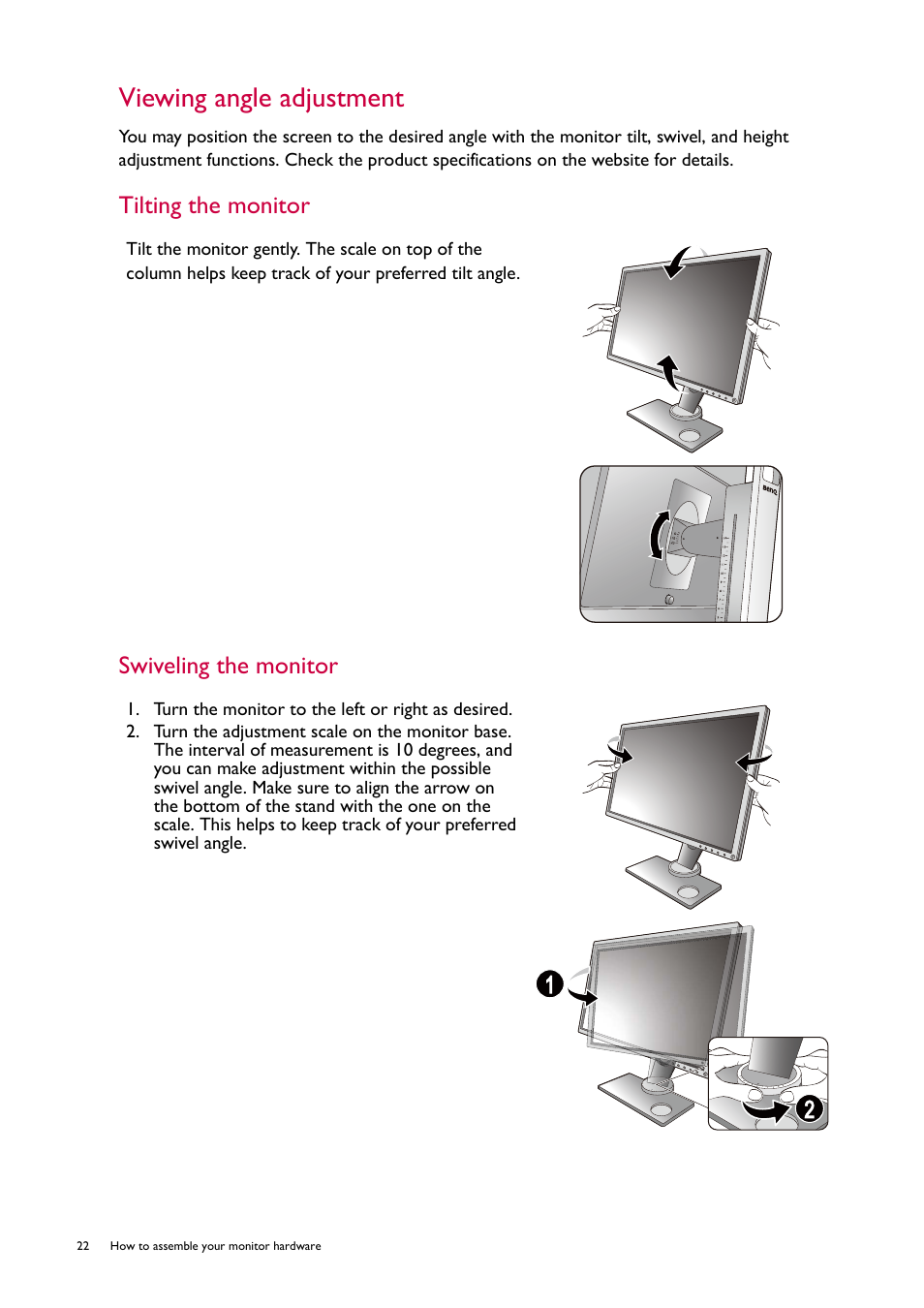 Viewing angle adjustment, Tilting the monitor swiveling the monitor | BenQ ZOWIE XL2746S 27" 16:9 240 Hz TN Gaming Monitor User Manual | Page 22 / 58