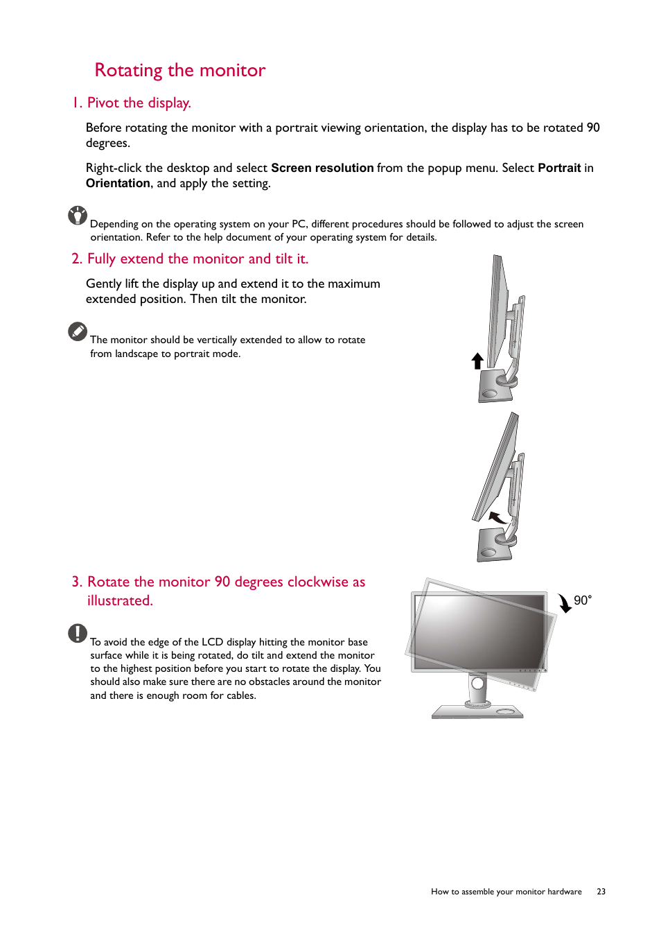Rotating the monitor, Pivot the display, Fully extend the monitor and tilt it | BenQ ZOWIE XL2746S 27" 16:9 240 Hz TN Gaming Monitor User Manual | Page 23 / 58
