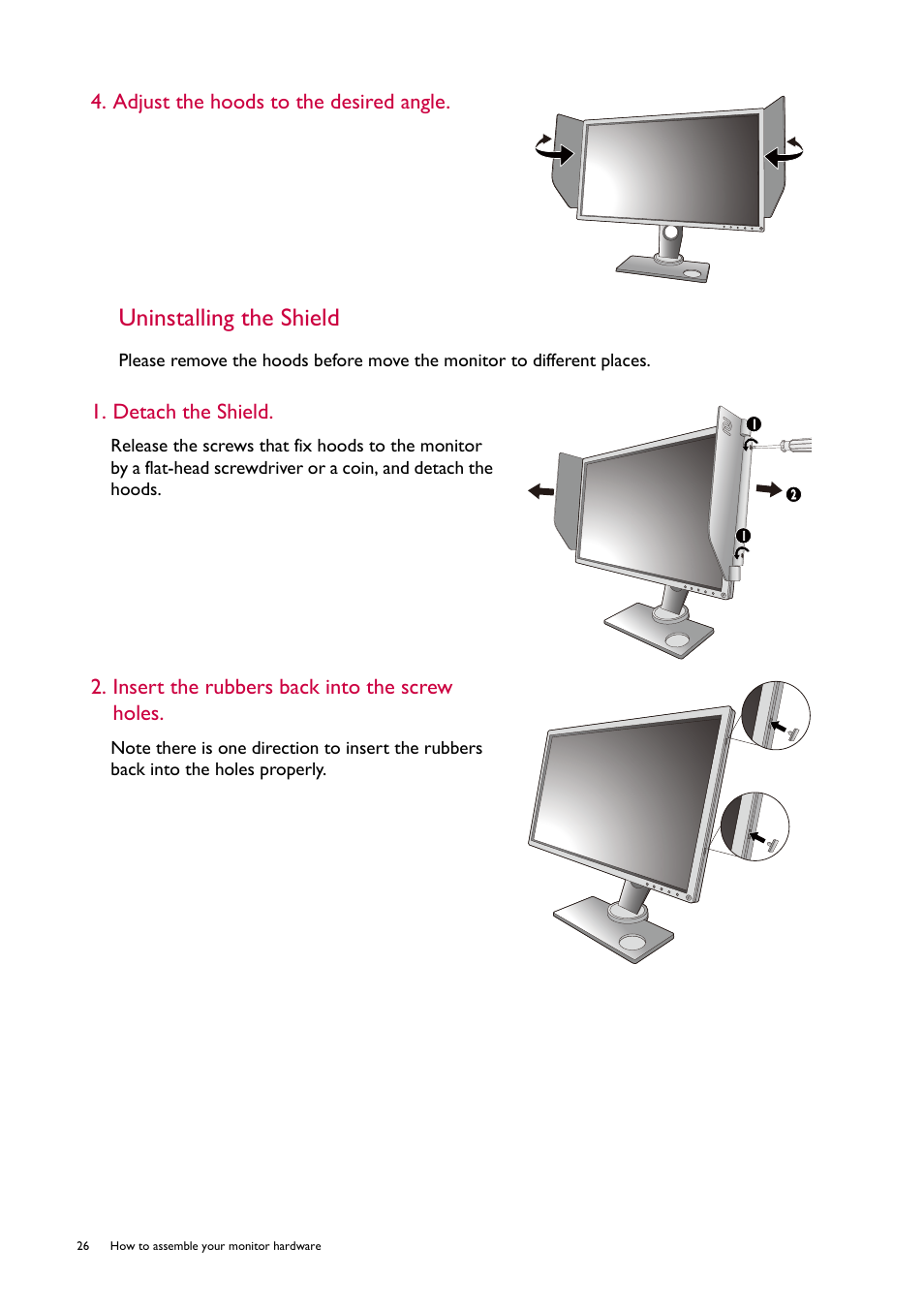 Uninstalling the shield, Insert the rubbers back into the screw holes | BenQ ZOWIE XL2746S 27" 16:9 240 Hz TN Gaming Monitor User Manual | Page 26 / 58