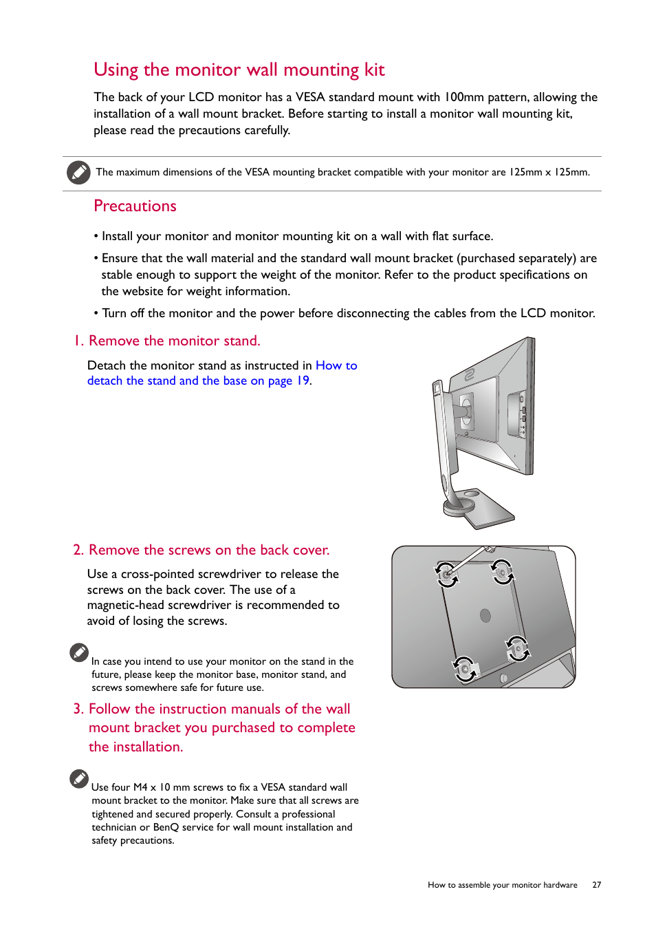 Using the monitor wall mounting kit, Precautions | BenQ ZOWIE XL2746S 27" 16:9 240 Hz TN Gaming Monitor User Manual | Page 27 / 58