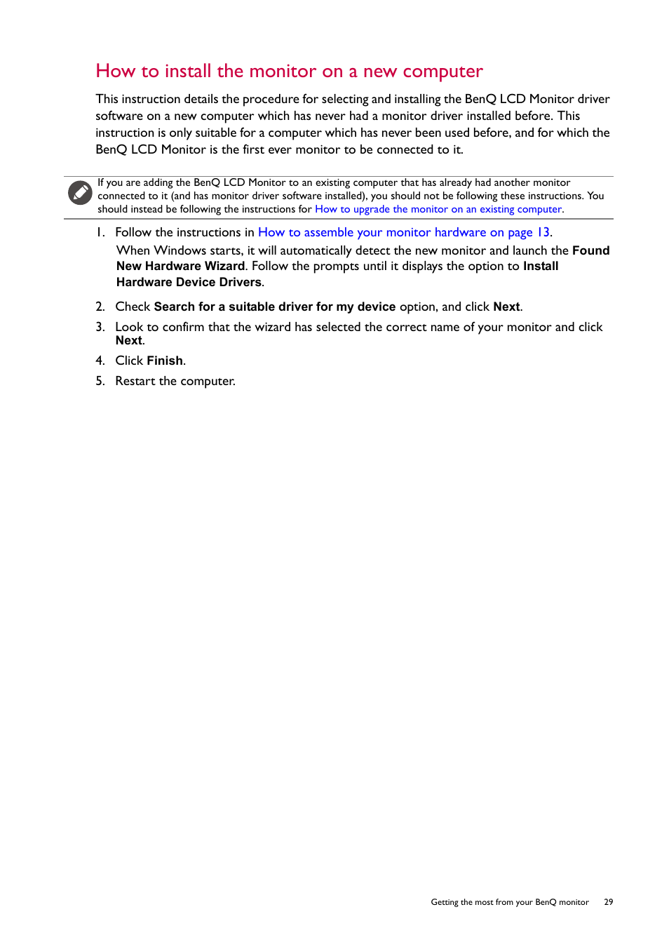 How to install the monitor on a new computer | BenQ ZOWIE XL2746S 27" 16:9 240 Hz TN Gaming Monitor User Manual | Page 29 / 58