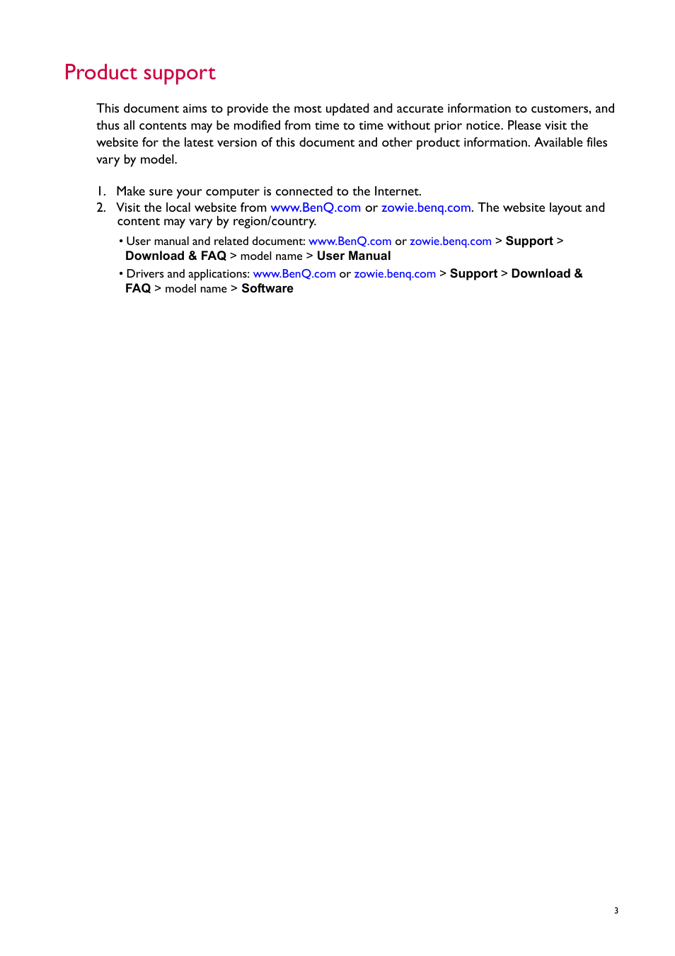 Product support | BenQ ZOWIE XL2746S 27" 16:9 240 Hz TN Gaming Monitor User Manual | Page 3 / 58