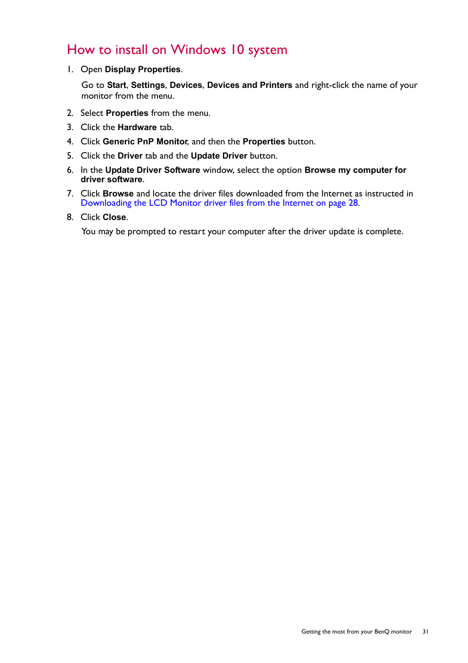 How to install on windows 10 system | BenQ ZOWIE XL2746S 27" 16:9 240 Hz TN Gaming Monitor User Manual | Page 31 / 58