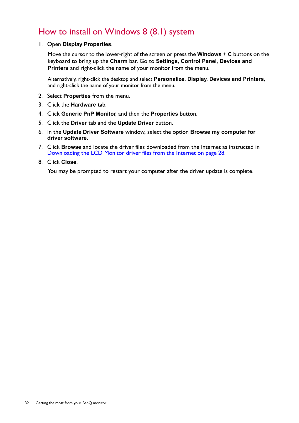 How to install on windows 8 (8.1) system | BenQ ZOWIE XL2746S 27" 16:9 240 Hz TN Gaming Monitor User Manual | Page 32 / 58