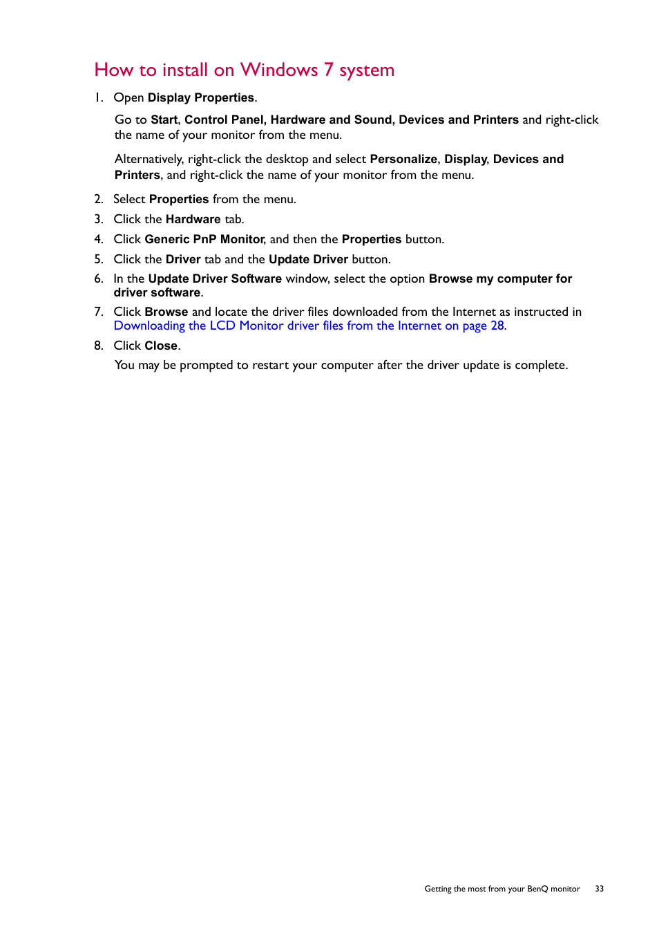 How to install on windows 7 system | BenQ ZOWIE XL2746S 27" 16:9 240 Hz TN Gaming Monitor User Manual | Page 33 / 58