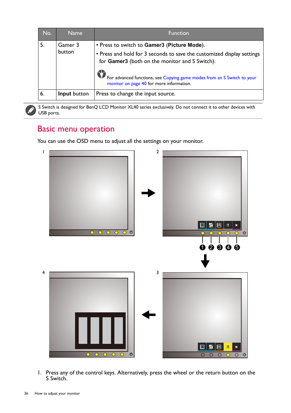 Basic menu operation | BenQ ZOWIE XL2746S 27" 16:9 240 Hz TN Gaming Monitor User Manual | Page 36 / 58