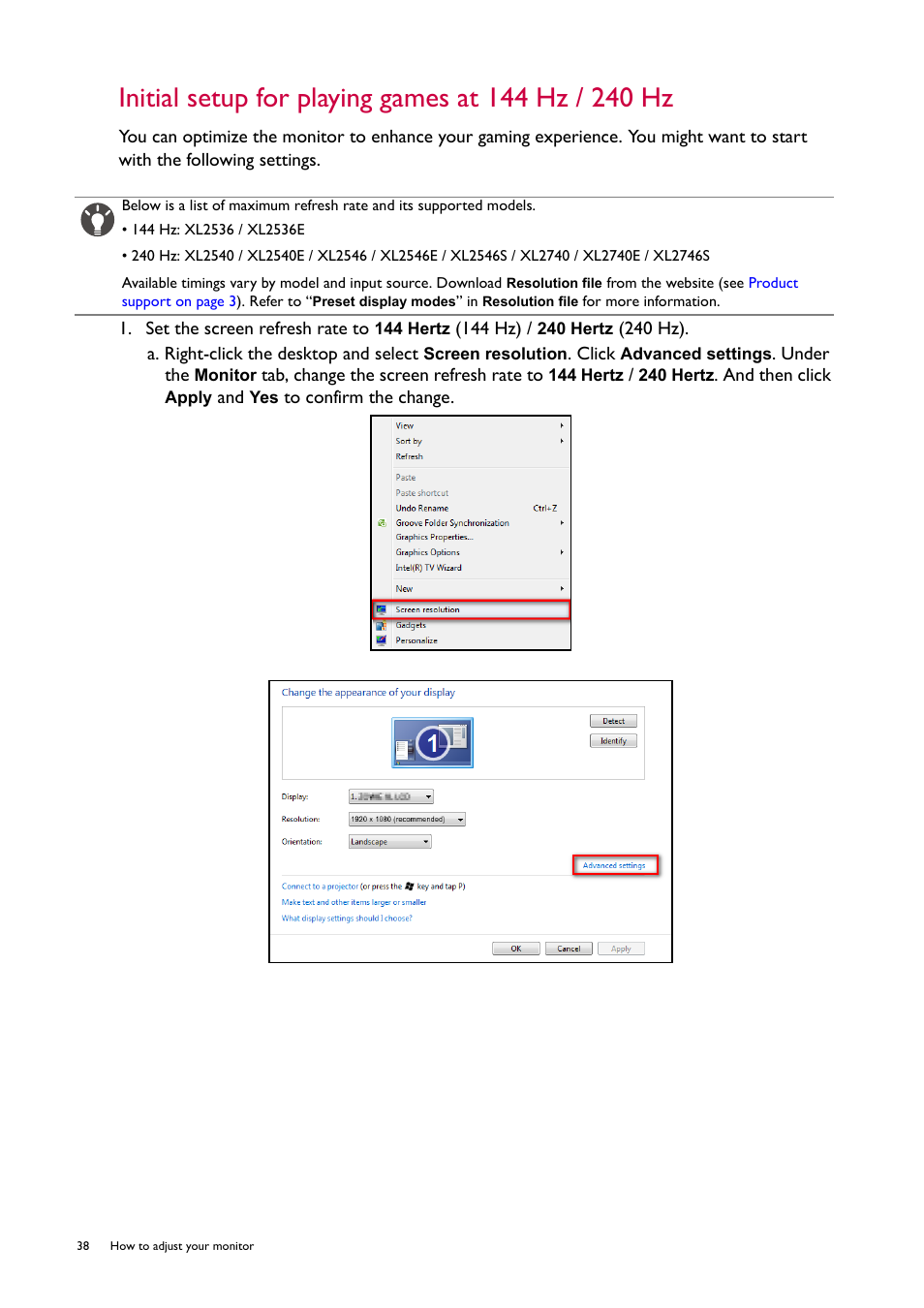 Initial setup for playing games at 144 hz / 240 hz | BenQ ZOWIE XL2746S 27" 16:9 240 Hz TN Gaming Monitor User Manual | Page 38 / 58