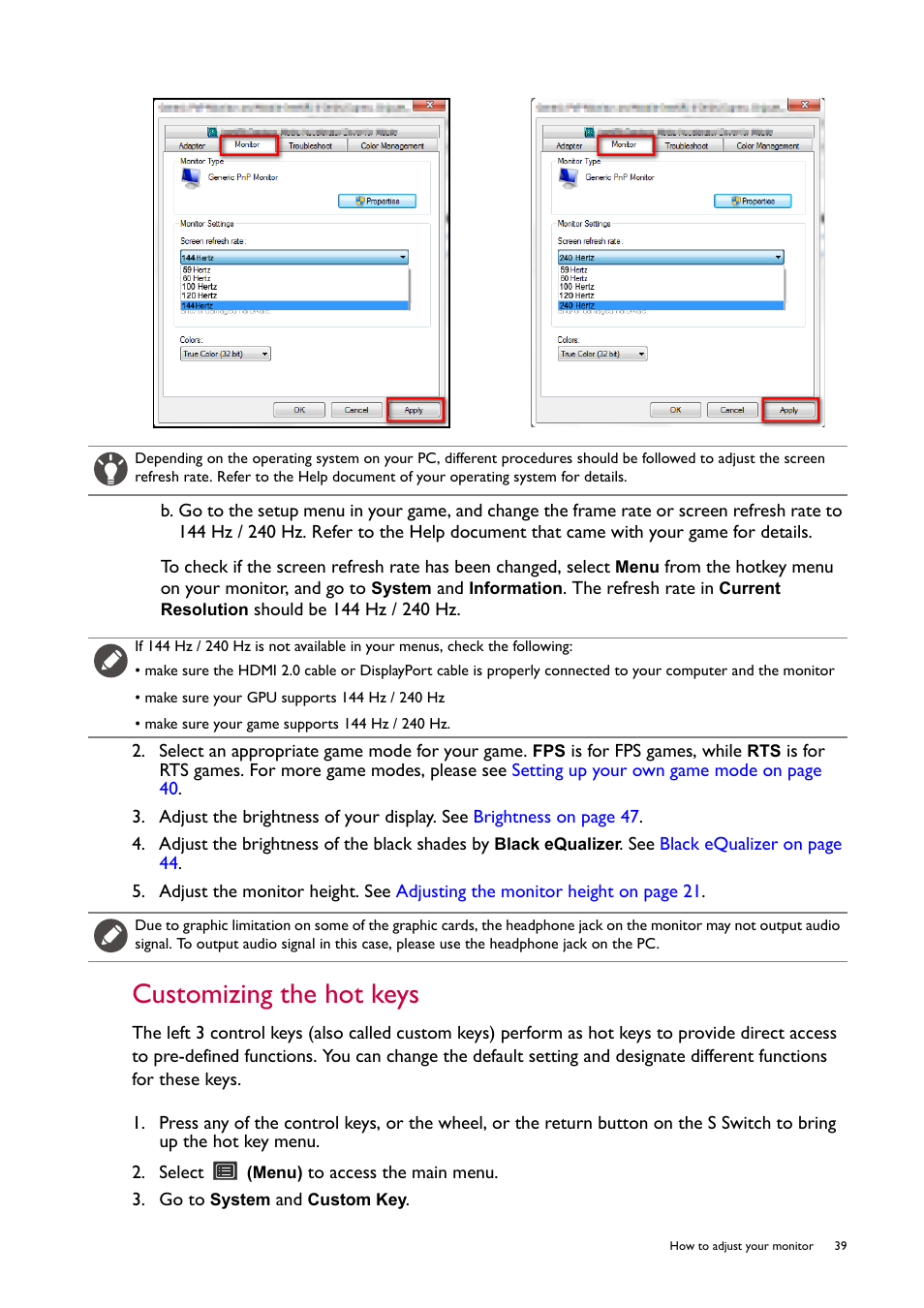 Customizing the hot keys, Ult settings, see, Customizing the | BenQ ZOWIE XL2746S 27" 16:9 240 Hz TN Gaming Monitor User Manual | Page 39 / 58