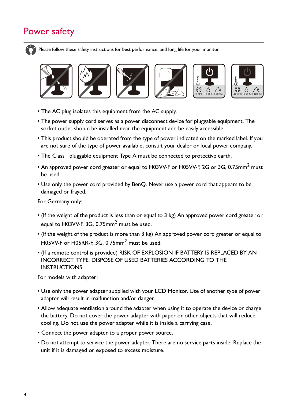 Power safety | BenQ ZOWIE XL2746S 27" 16:9 240 Hz TN Gaming Monitor User Manual | Page 4 / 58