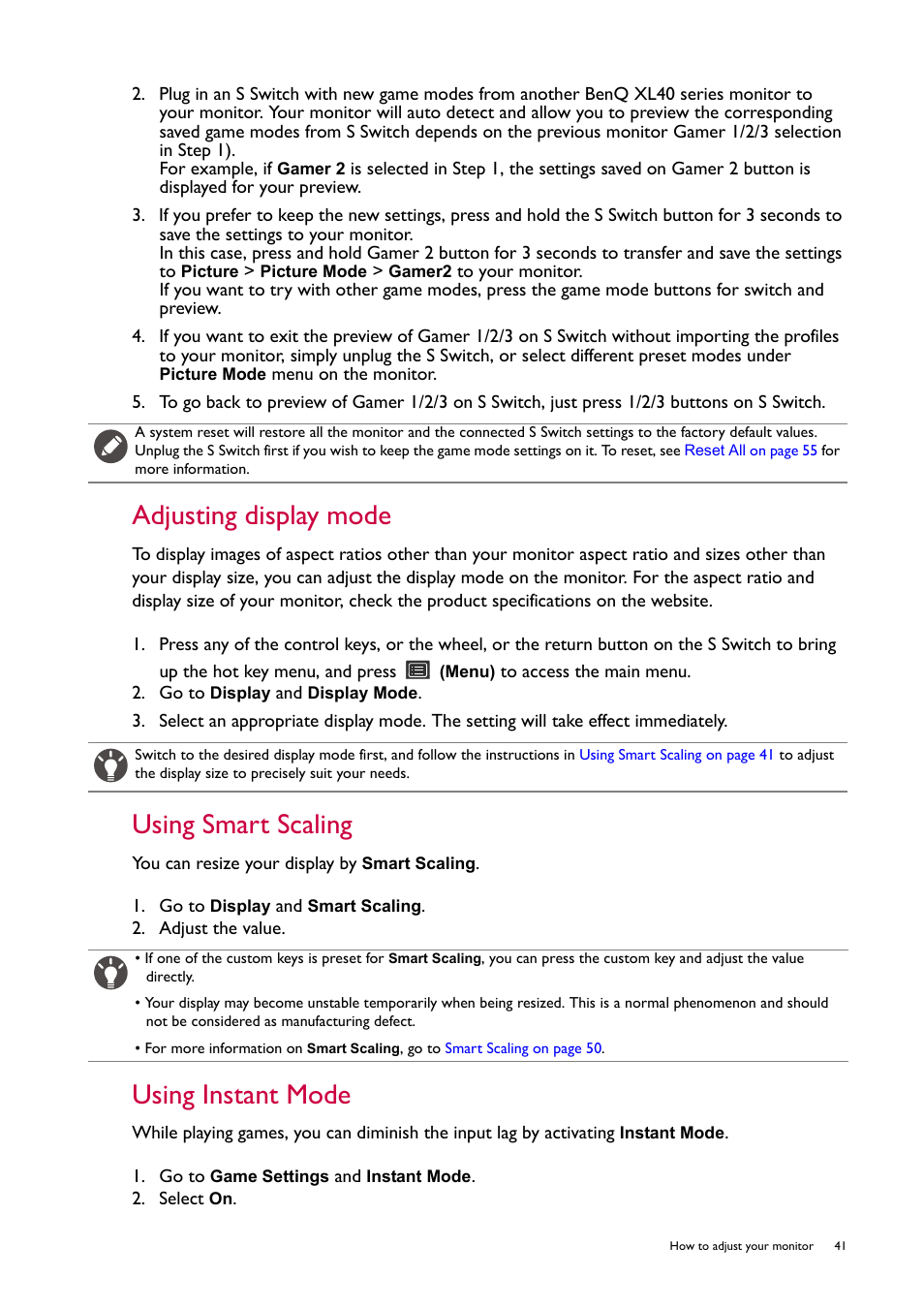Adjusting display mode, Using smart scaling, Using instant mode | BenQ ZOWIE XL2746S 27" 16:9 240 Hz TN Gaming Monitor User Manual | Page 41 / 58