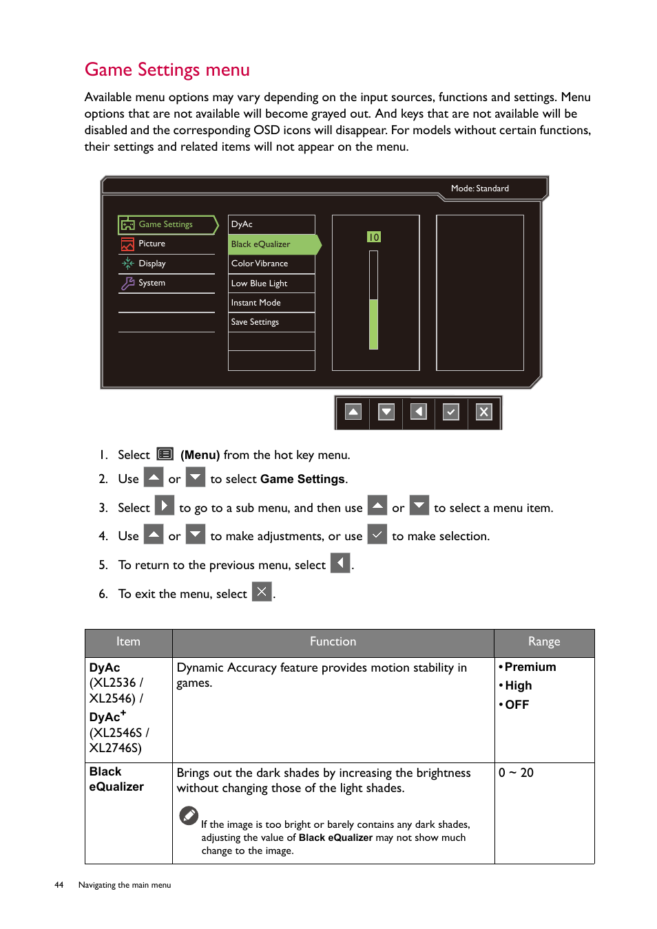 Game settings menu | BenQ ZOWIE XL2746S 27" 16:9 240 Hz TN Gaming Monitor User Manual | Page 44 / 58