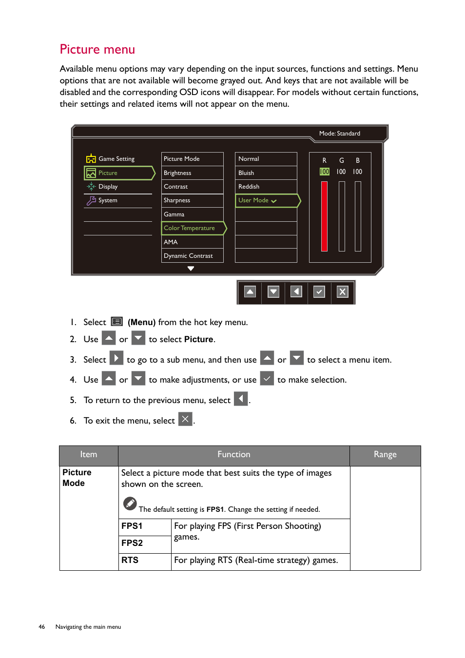 Picture menu | BenQ ZOWIE XL2746S 27" 16:9 240 Hz TN Gaming Monitor User Manual | Page 46 / 58