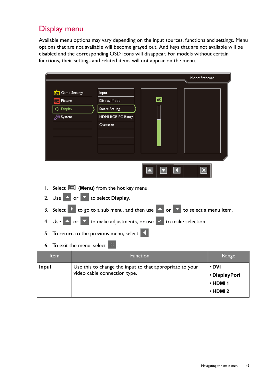 Display menu | BenQ ZOWIE XL2746S 27" 16:9 240 Hz TN Gaming Monitor User Manual | Page 49 / 58