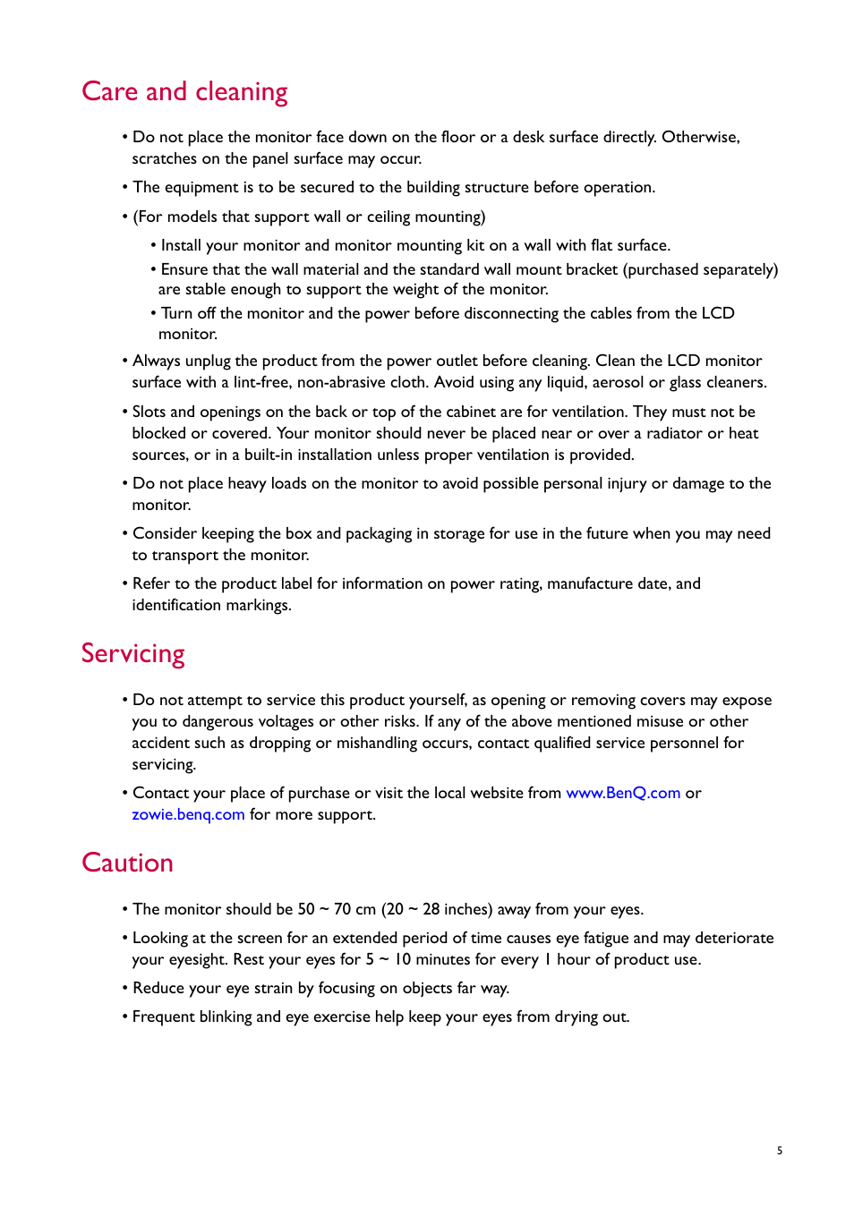 Care and cleaning, Servicing, Caution | BenQ ZOWIE XL2746S 27" 16:9 240 Hz TN Gaming Monitor User Manual | Page 5 / 58