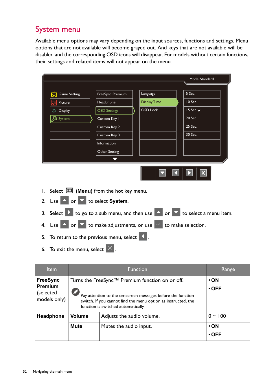 System menu | BenQ ZOWIE XL2746S 27" 16:9 240 Hz TN Gaming Monitor User Manual | Page 52 / 58