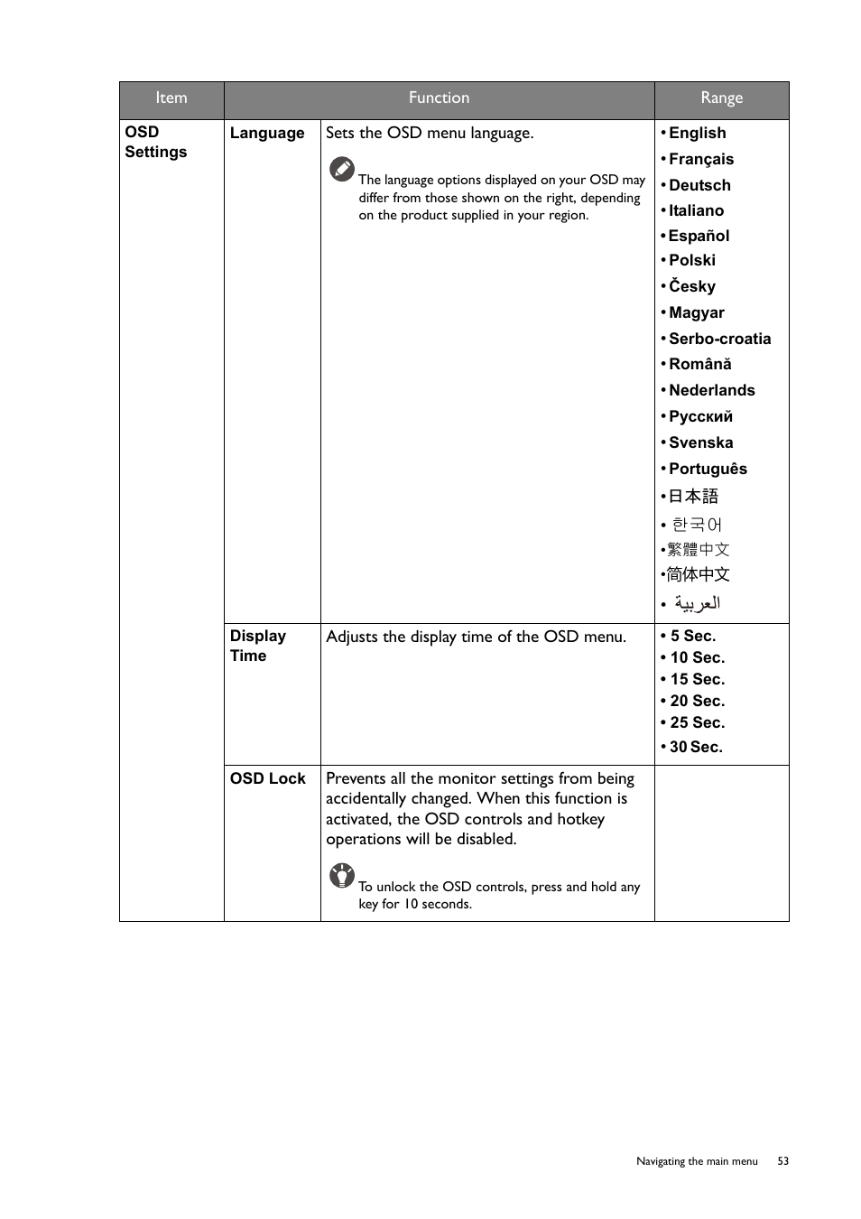 Language | BenQ ZOWIE XL2746S 27" 16:9 240 Hz TN Gaming Monitor User Manual | Page 53 / 58