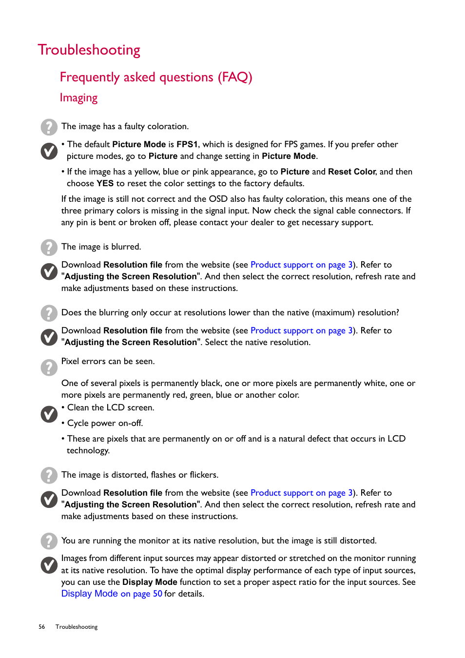 Troubleshooting, Frequently asked questions (faq), Imaging | BenQ ZOWIE XL2746S 27" 16:9 240 Hz TN Gaming Monitor User Manual | Page 56 / 58