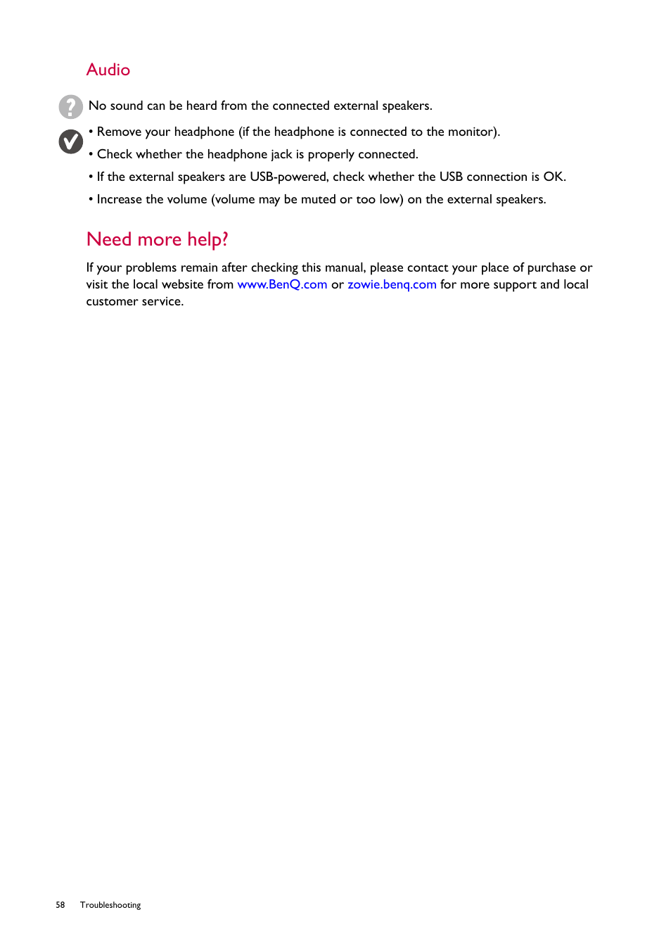 Need more help, Audio | BenQ ZOWIE XL2746S 27" 16:9 240 Hz TN Gaming Monitor User Manual | Page 58 / 58