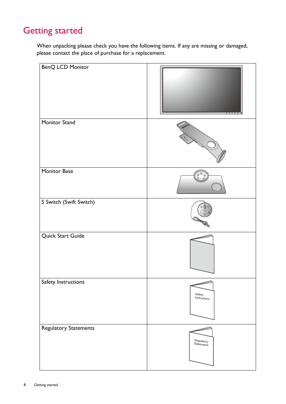 Getting started | BenQ ZOWIE XL2746S 27" 16:9 240 Hz TN Gaming Monitor User Manual | Page 8 / 58