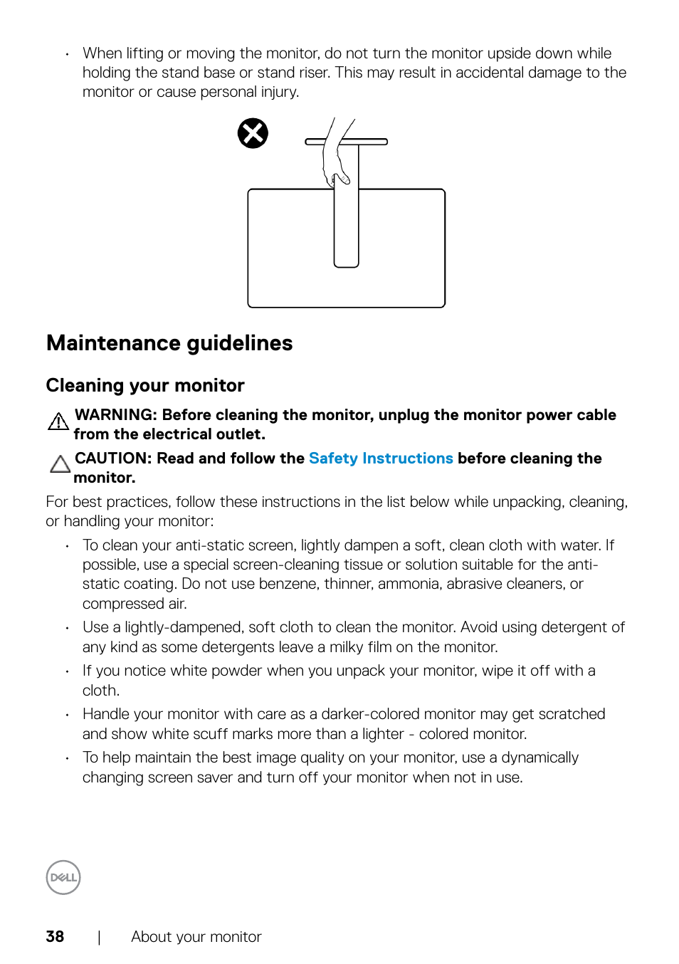 Maintenance guidelines, Cleaning your monitor | Dell C2722DE 27" 16:9 IPS Video Conferencing Monitor User Manual | Page 38 / 114