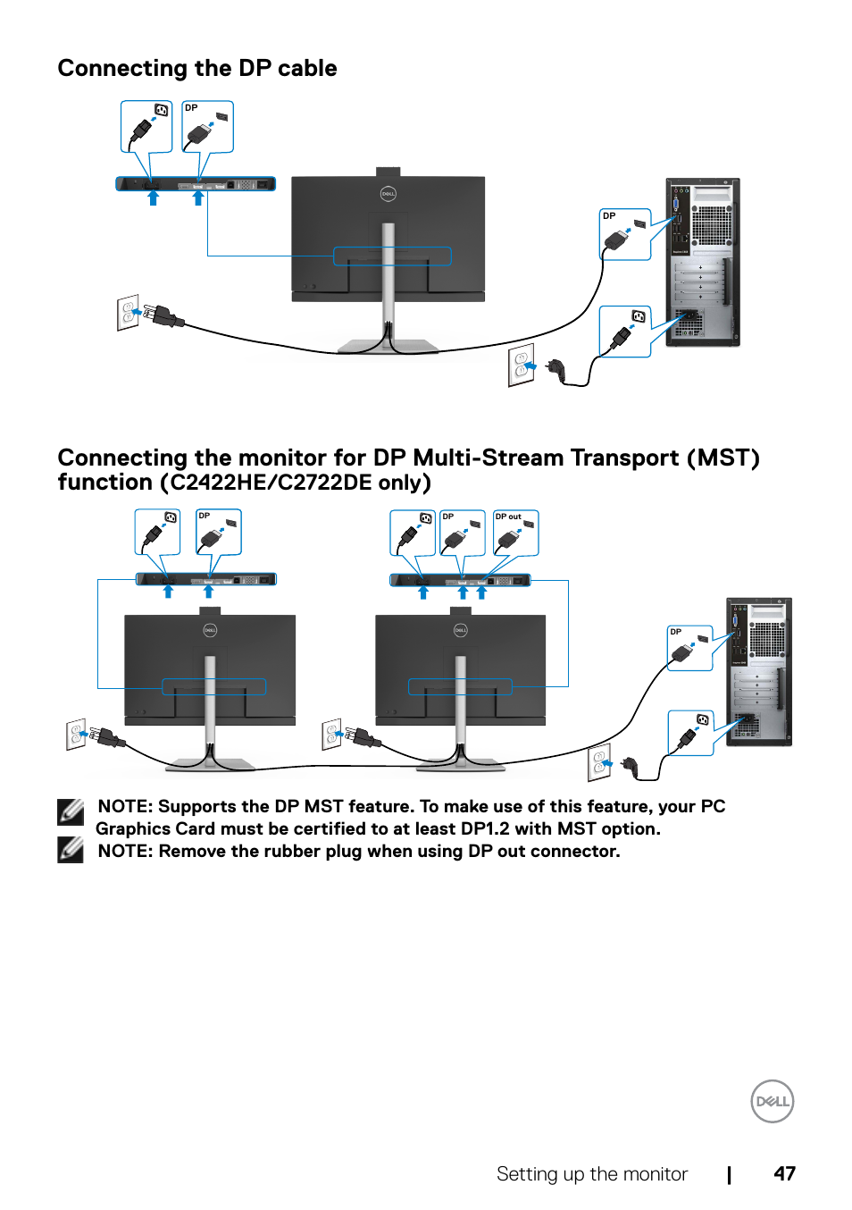 Connecting the dp cable | Dell C2722DE 27" 16:9 IPS Video Conferencing Monitor User Manual | Page 47 / 114