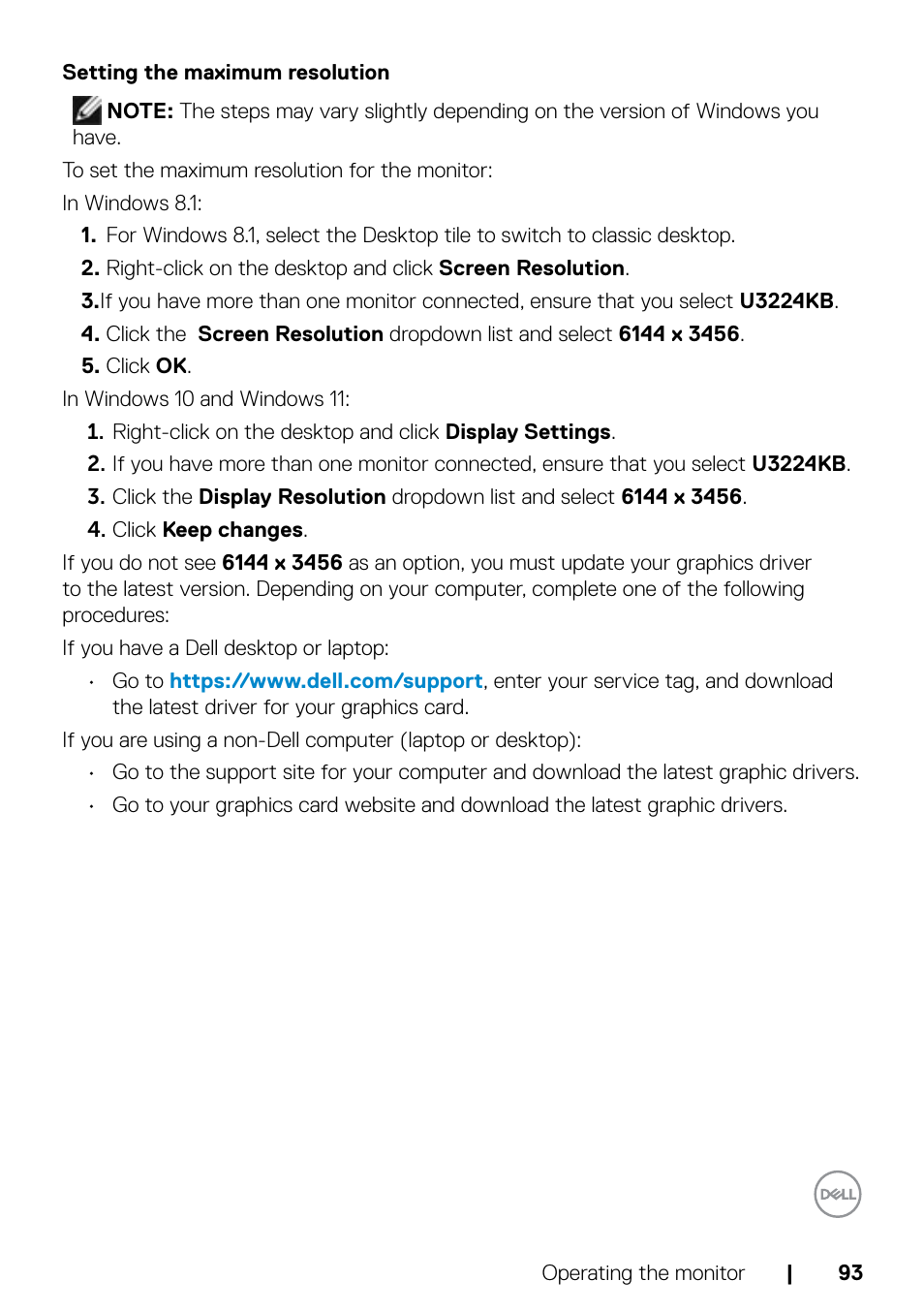 Setting the maximum resolution | Dell UltraSharp 32" 6K HDR Video Conferencing Monitor User Manual | Page 93 / 123