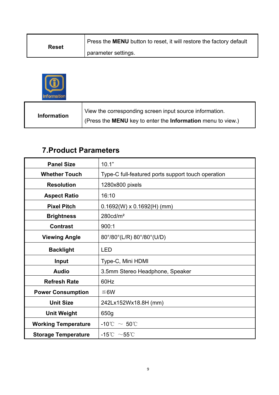 Product parameters | Feelworld DH101 10.1" Portable Multi-Touch Monitor User Manual | Page 10 / 11