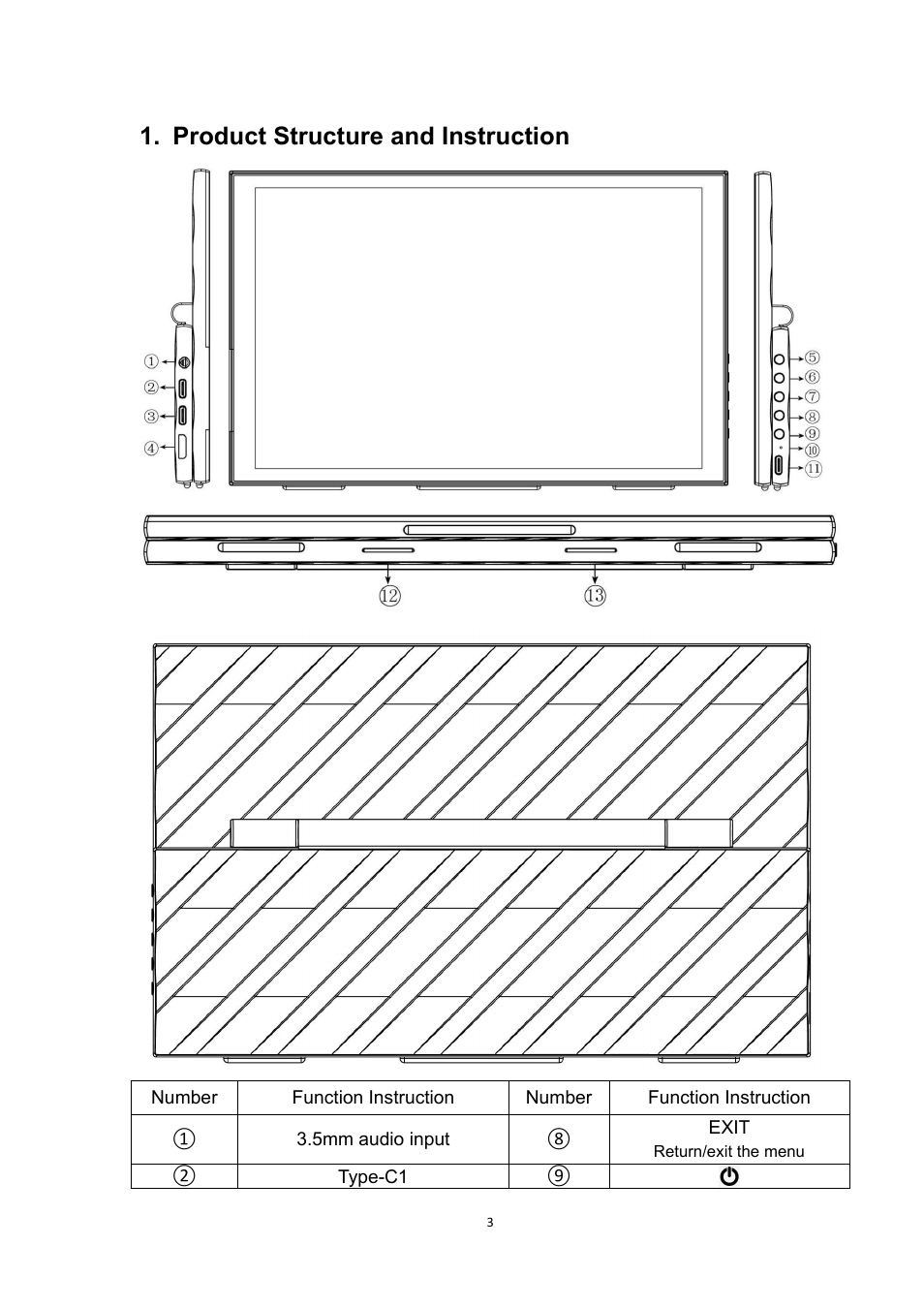 Product structure and instruction | Feelworld DH101 10.1" Portable Multi-Touch Monitor User Manual | Page 4 / 11