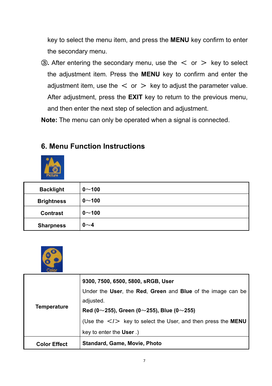 Menu function instructions | Feelworld DH101 10.1" Portable Multi-Touch Monitor User Manual | Page 8 / 11