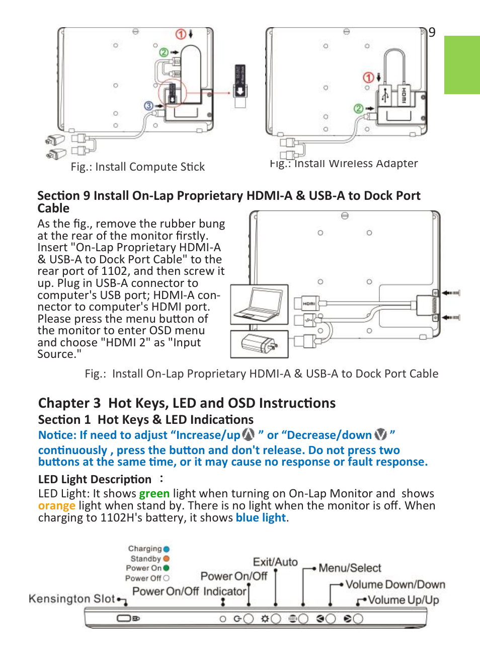 Chapter 3 hot keys, led and osd instructions | GeChic 1102I 11.6" 16:9 Portable Touchscreen LCD Monitor User Manual | Page 15 / 44