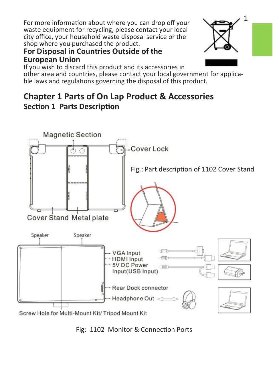 Chapter 1 parts of on lap product & accessories | GeChic 1102I 11.6" 16:9 Portable Touchscreen LCD Monitor User Manual | Page 7 / 44