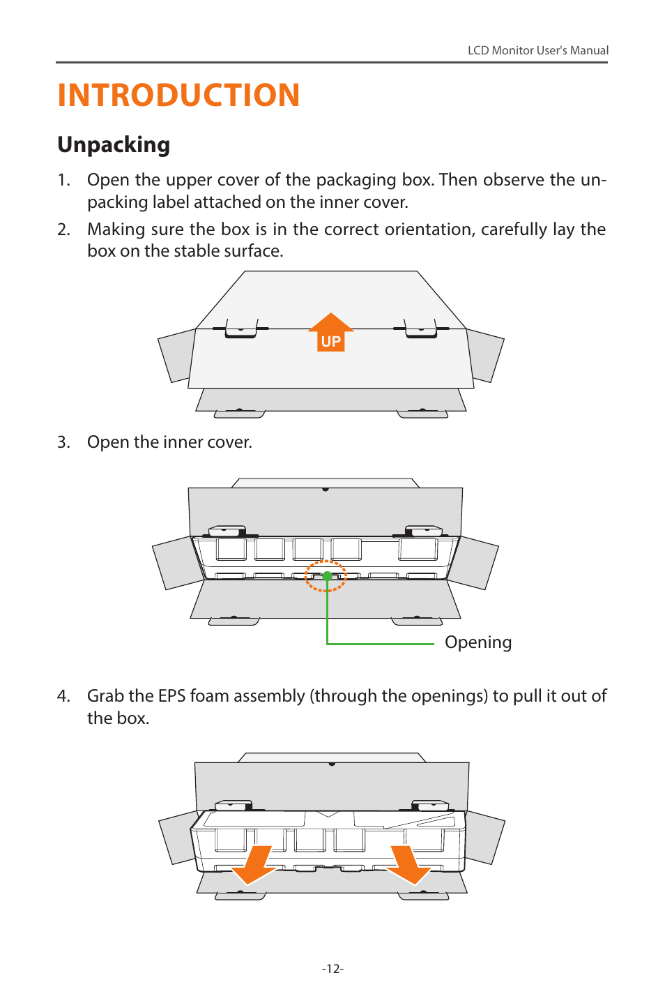 Introduction, Unpacking | GIGABYTE G34WQC 34" 21:9 VA Curved Gaming Monitor User Manual | Page 12 / 41