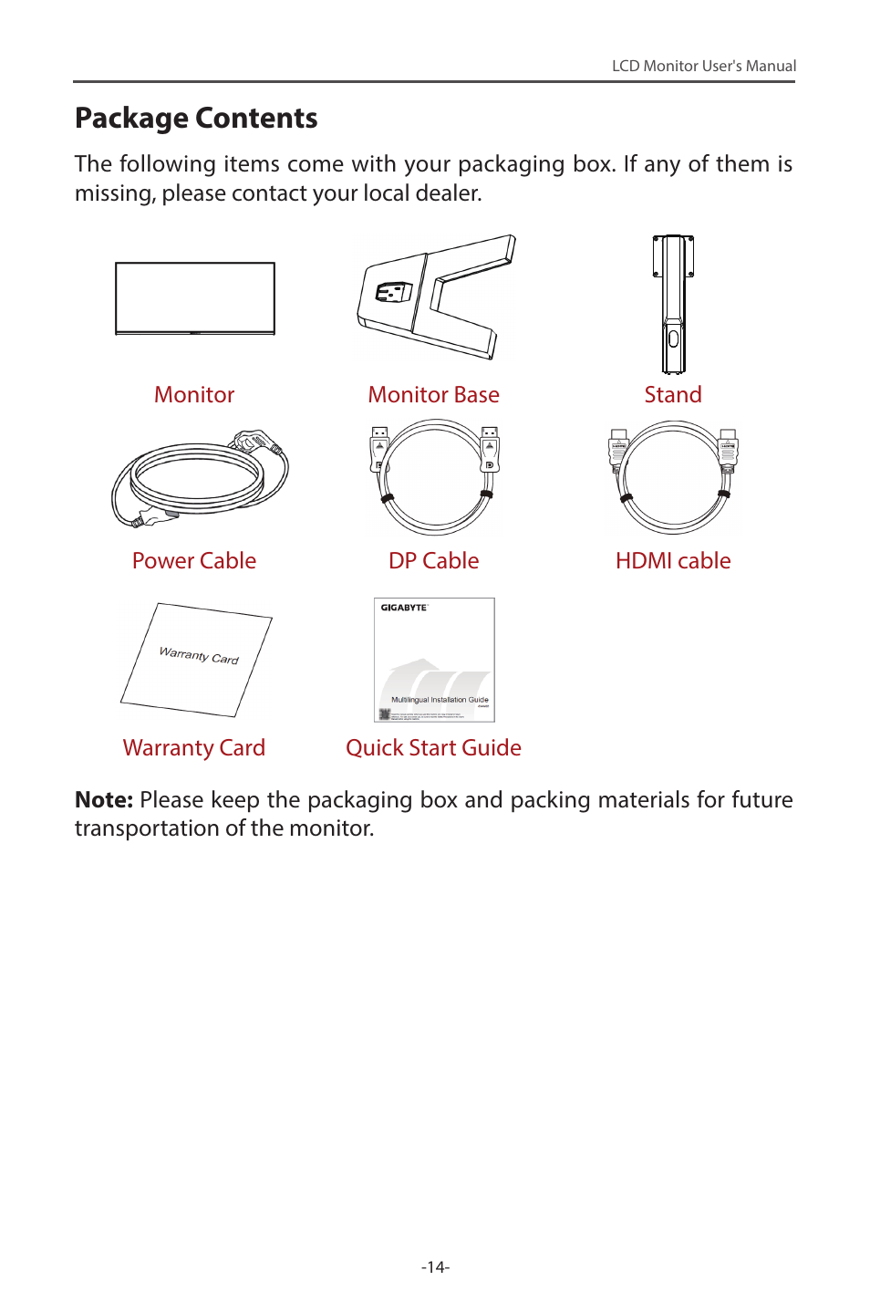 Package contents | GIGABYTE G34WQC 34" 21:9 VA Curved Gaming Monitor User Manual | Page 14 / 41