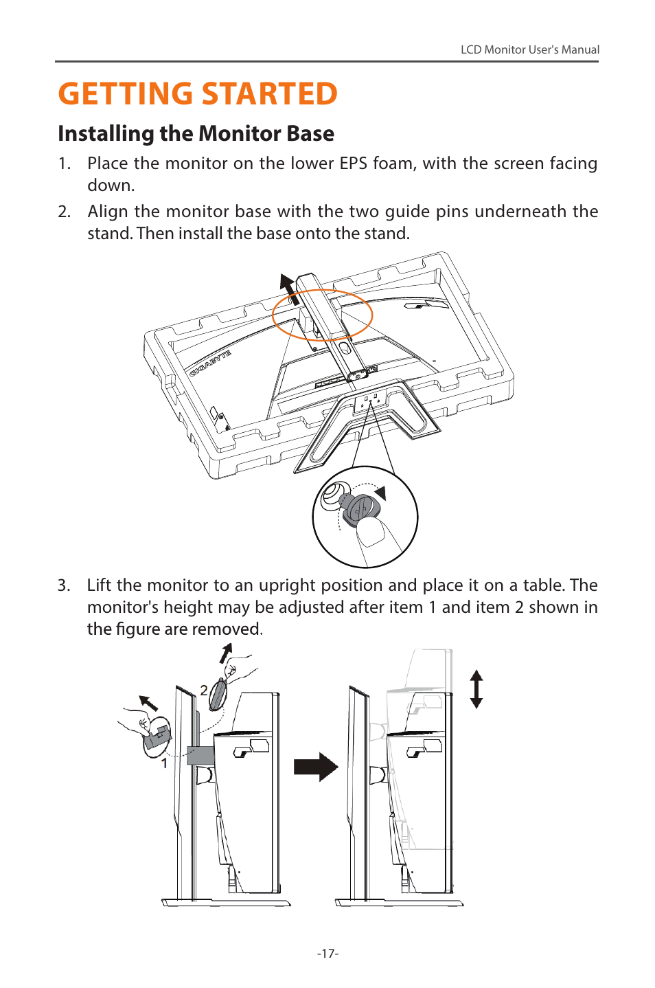 Getting started, Installing the monitor base | GIGABYTE G34WQC 34" 21:9 VA Curved Gaming Monitor User Manual | Page 17 / 41