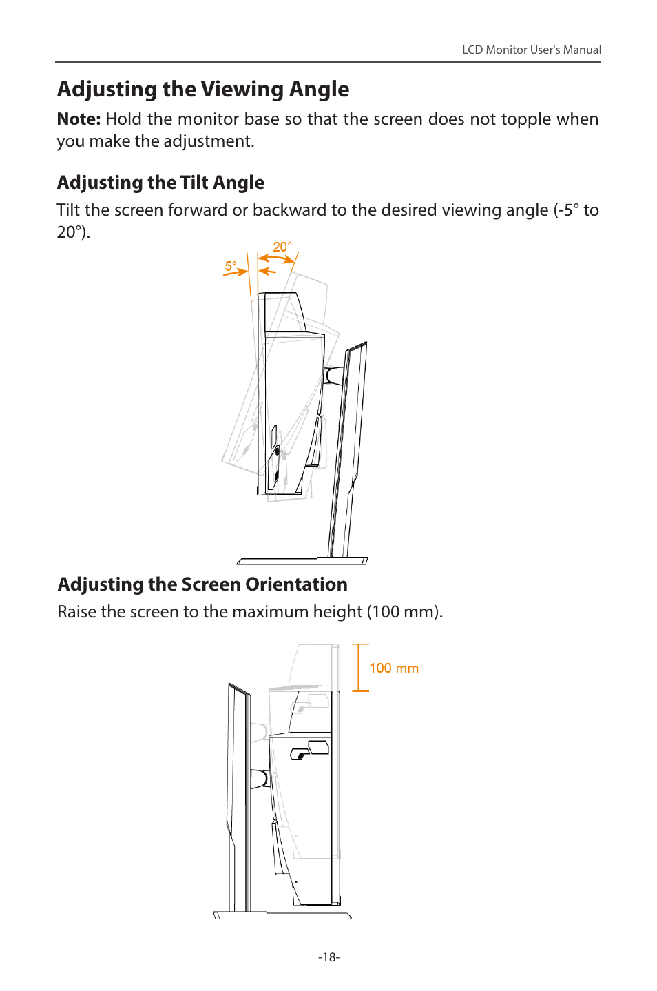 Adjusting the viewing angle | GIGABYTE G34WQC 34" 21:9 VA Curved Gaming Monitor User Manual | Page 18 / 41