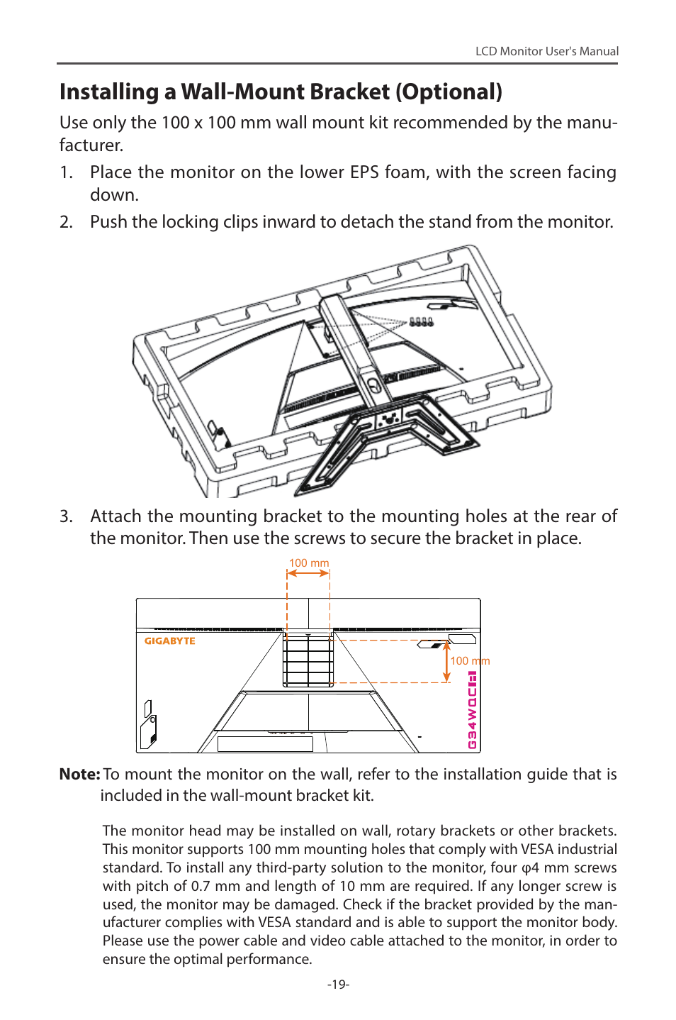 Installing a wall-mount bracket (optional) | GIGABYTE G34WQC 34" 21:9 VA Curved Gaming Monitor User Manual | Page 19 / 41