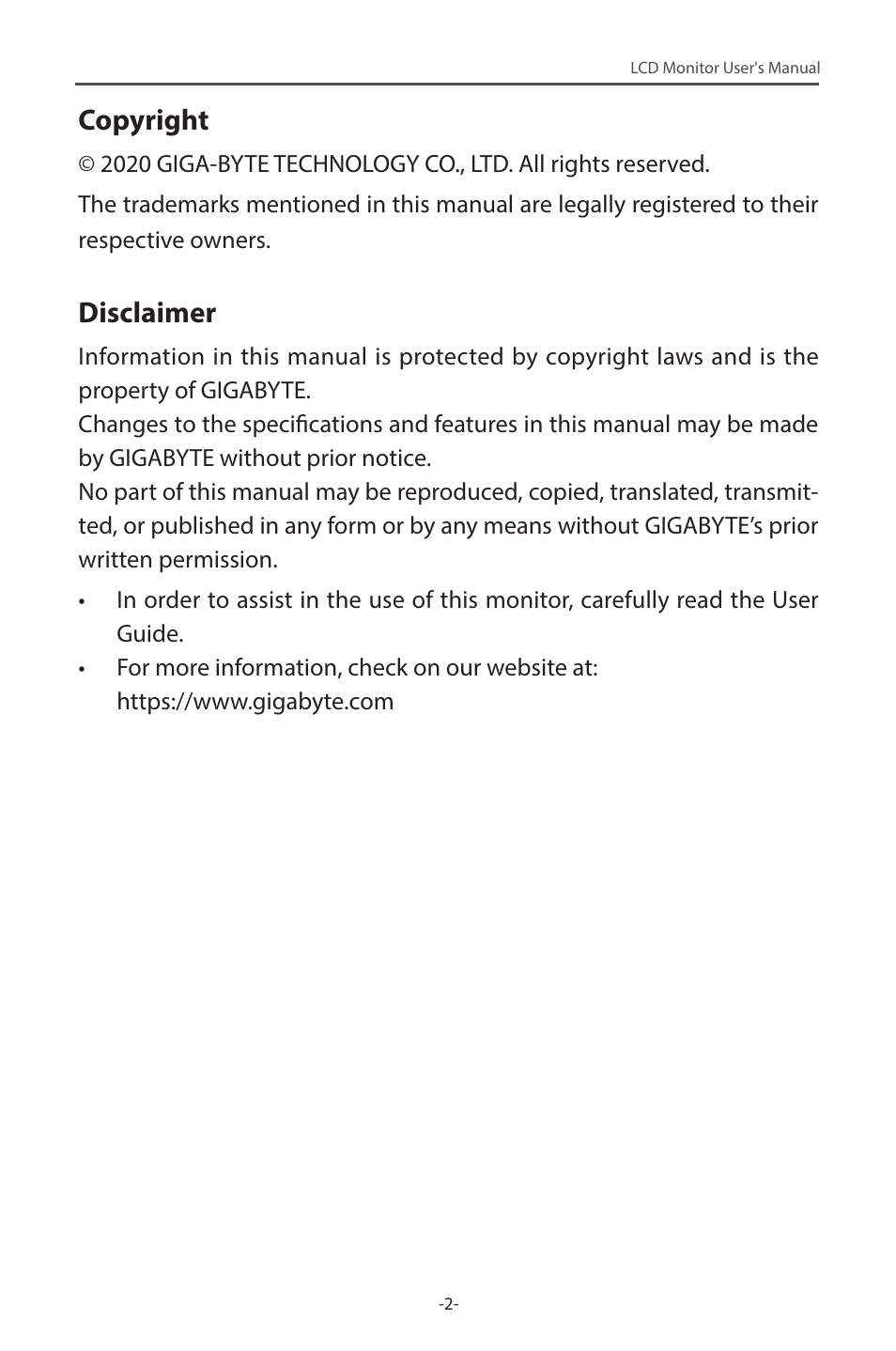 Copyright, Disclaimer | GIGABYTE G34WQC 34" 21:9 VA Curved Gaming Monitor User Manual | Page 2 / 41