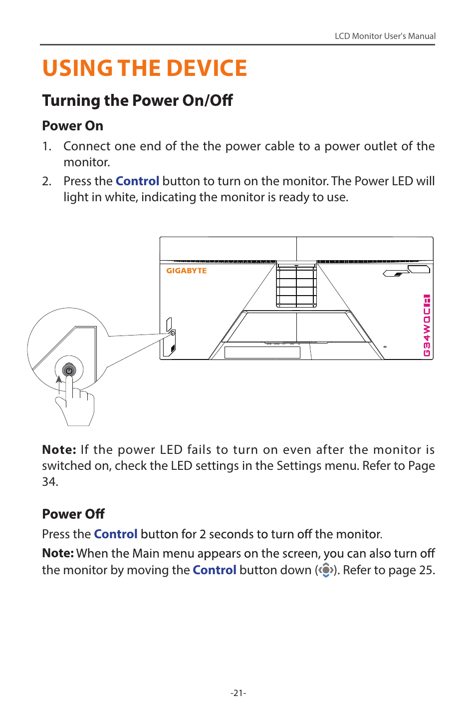 Using the device | GIGABYTE G34WQC 34" 21:9 VA Curved Gaming Monitor User Manual | Page 21 / 41