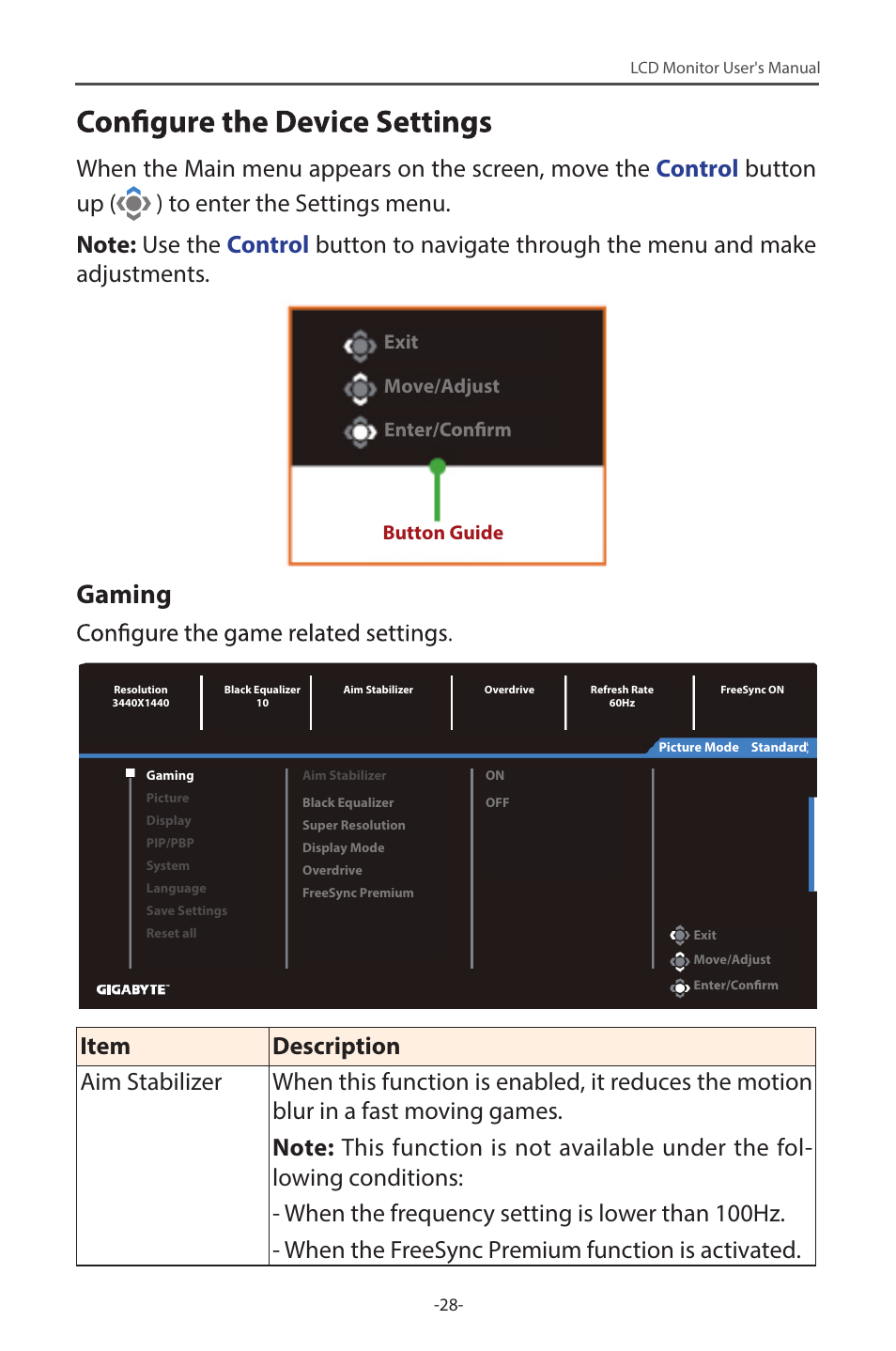 Gaming | GIGABYTE G34WQC 34" 21:9 VA Curved Gaming Monitor User Manual | Page 28 / 41