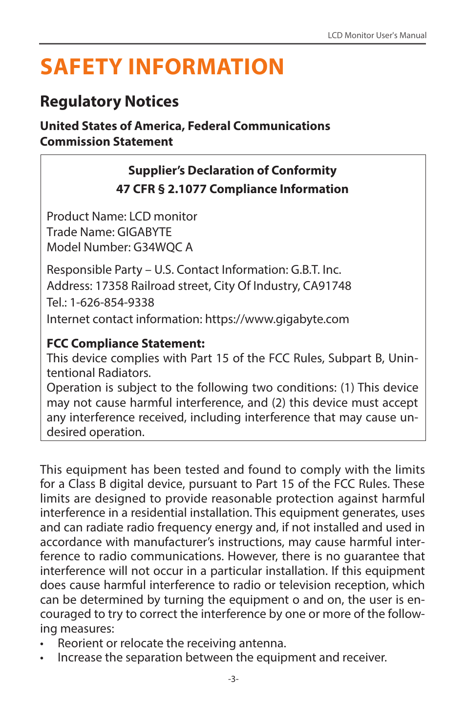 Safety information, Regulatory notices | GIGABYTE G34WQC 34" 21:9 VA Curved Gaming Monitor User Manual | Page 3 / 41