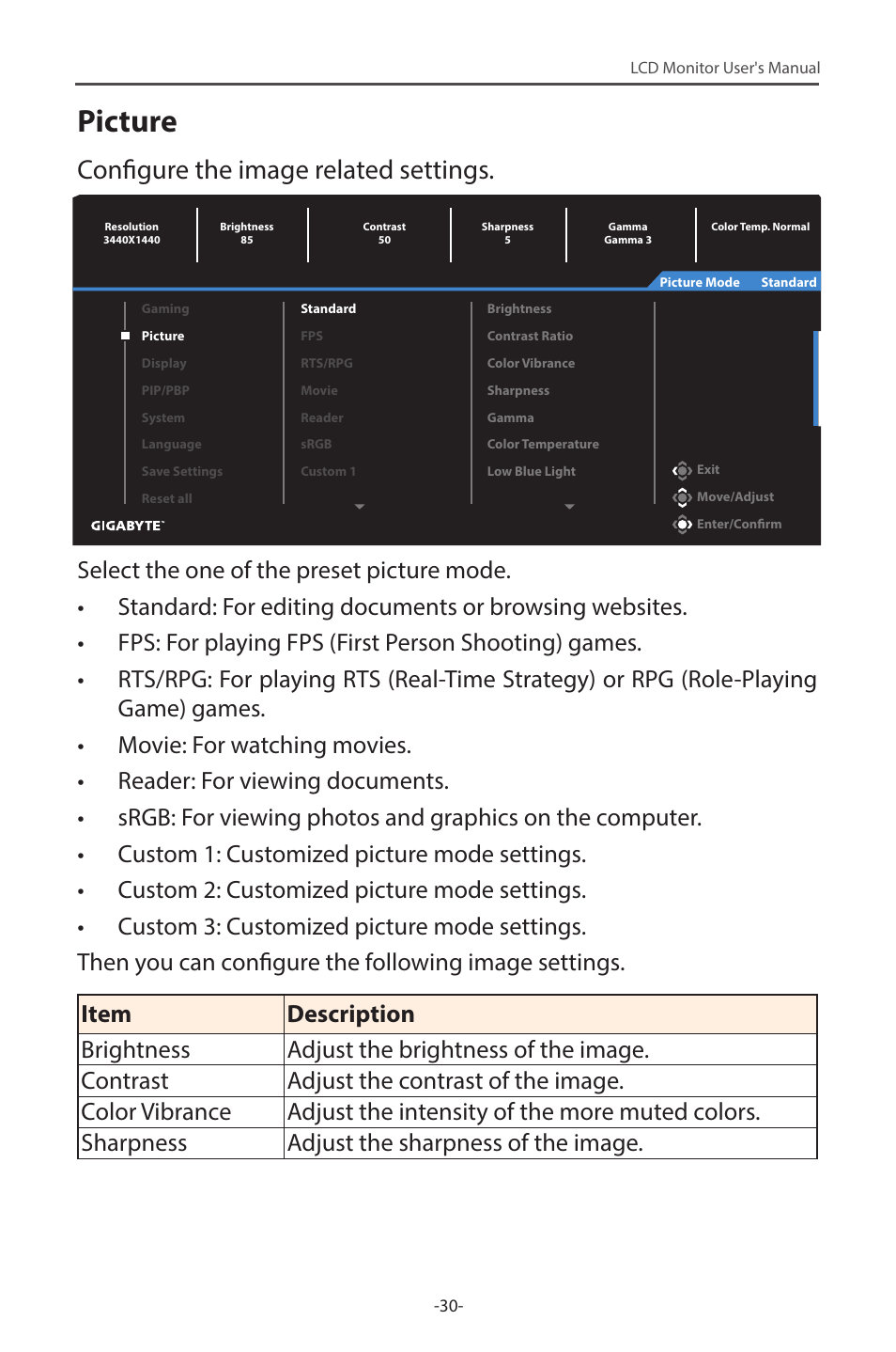 Picture, Configure the image related settings | GIGABYTE G34WQC 34" 21:9 VA Curved Gaming Monitor User Manual | Page 30 / 41