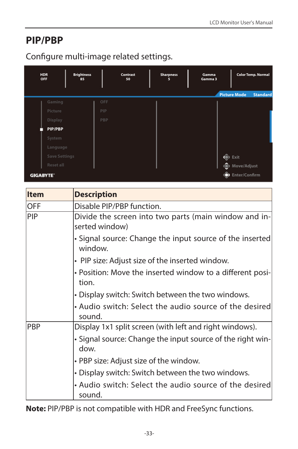 Pip/pbp, Configure multi-image related settings | GIGABYTE G34WQC 34" 21:9 VA Curved Gaming Monitor User Manual | Page 33 / 41